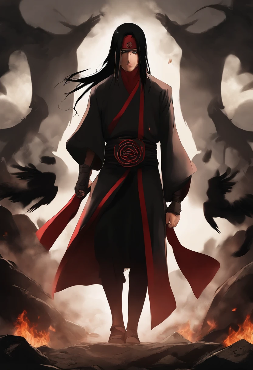 (master part, best quality, high resolution,granulado:1.2), 
quebrar (Uchiha Itachi:1.3), Cabelos Longos,protetor de testa, Ninja, capa, Garganta alta, jewelries, colar,cabelos pretos ,Olhos vermelhos , macho, , black smoke surrounding, covered in black smoke, olhos brilhantes,
QUEBRAR corvos, transformando-se em corvos, (cercado por corvos:1.1),