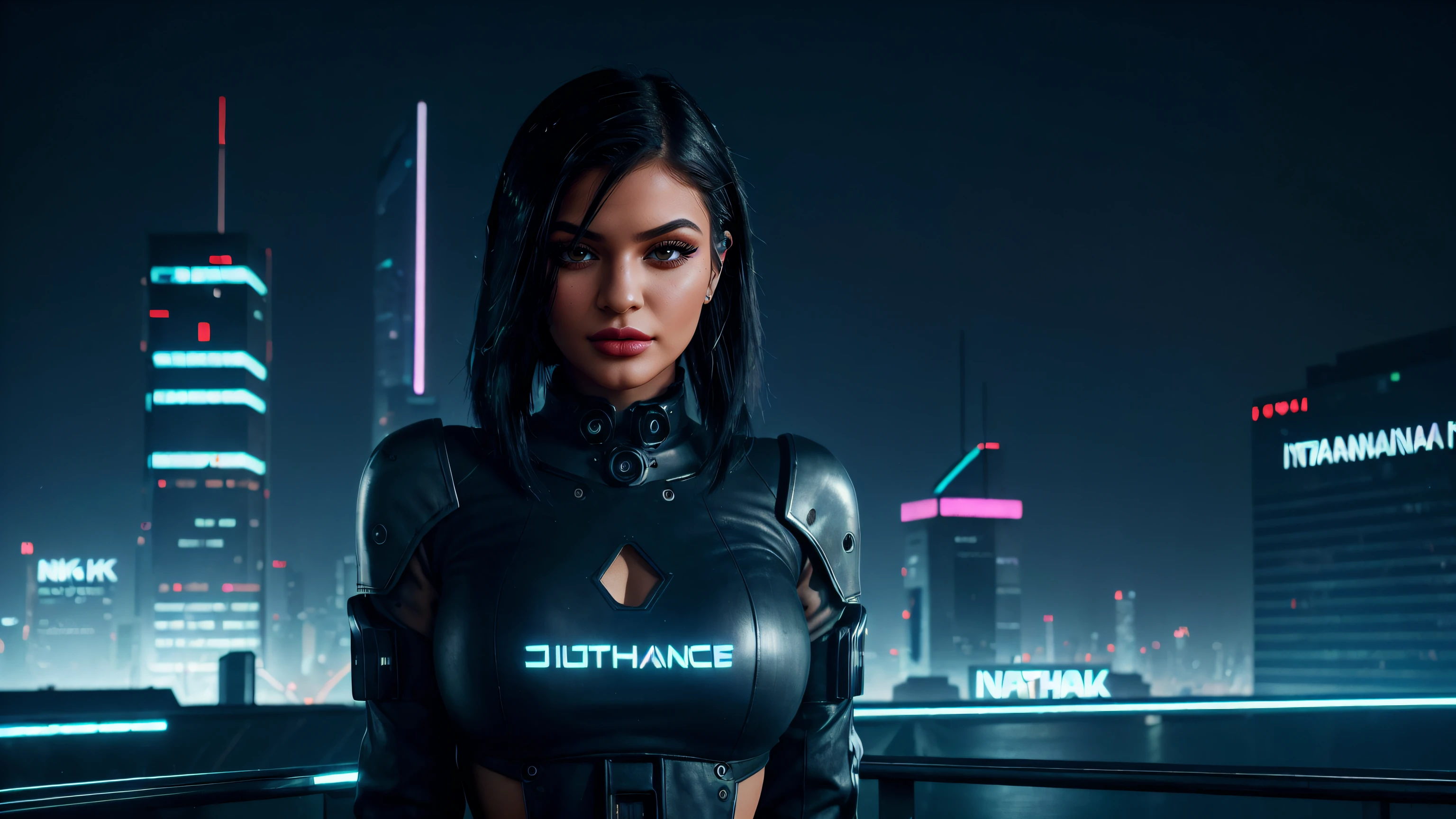 kylie jenner, (eyeliner), (matte lipstick), cyber outfit, ((futuristic cyberpunk city)), ((tall and contemporary buildings), ((rosto insanamente detalhado)), (((fotografia 4k))), (((night))), (color lights)