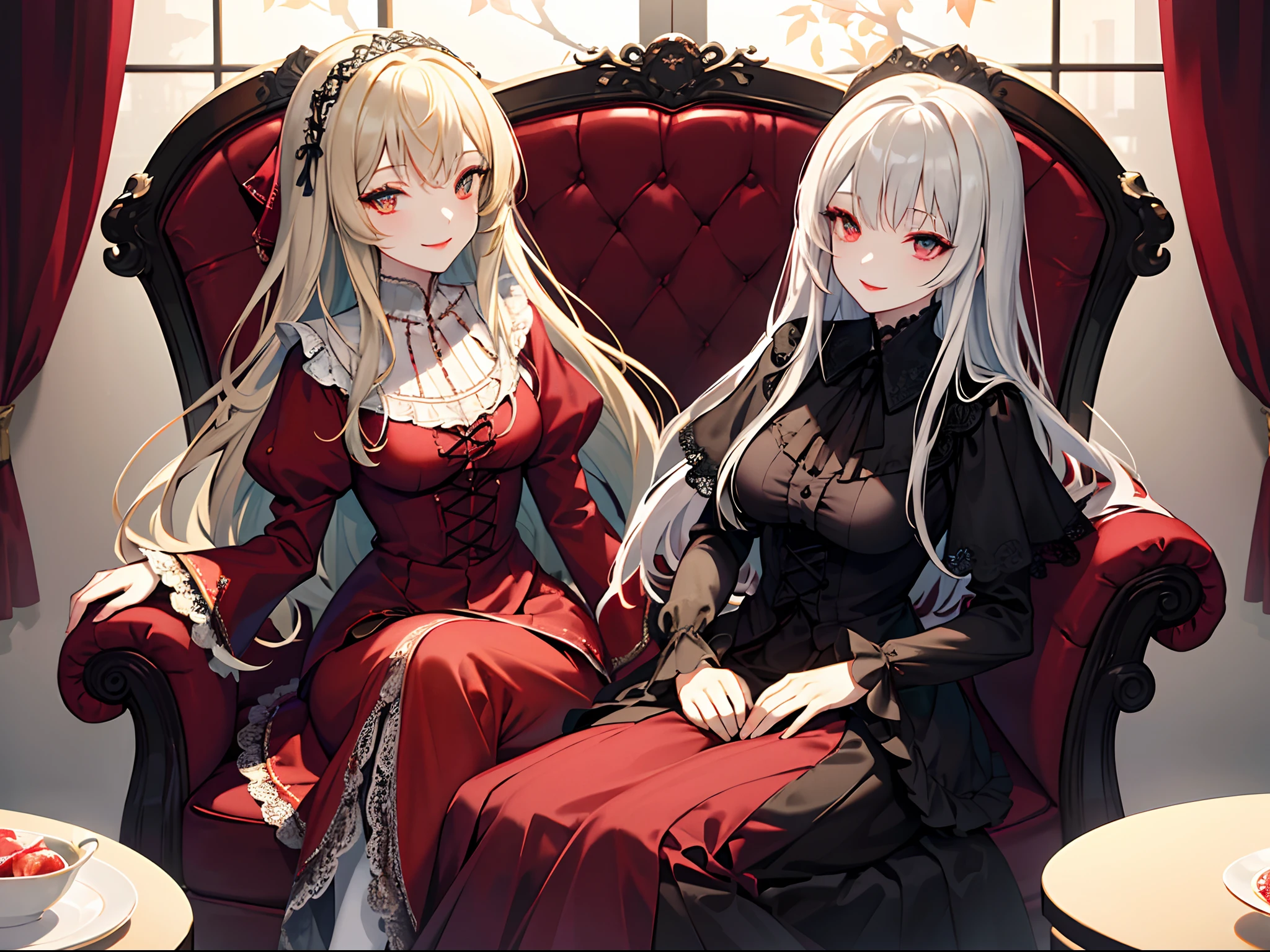 high-level image quality、detail portrayal、Inside a gorgeously decorated room、sitting sofa,beautiful female、Elizabeth style Gothic dress、Layers of panniers、lace and frills、velvet、Autumn attire、make - up、long eyeslashes、red-lips、Smile、softfocus、Lighting that makes people shine
