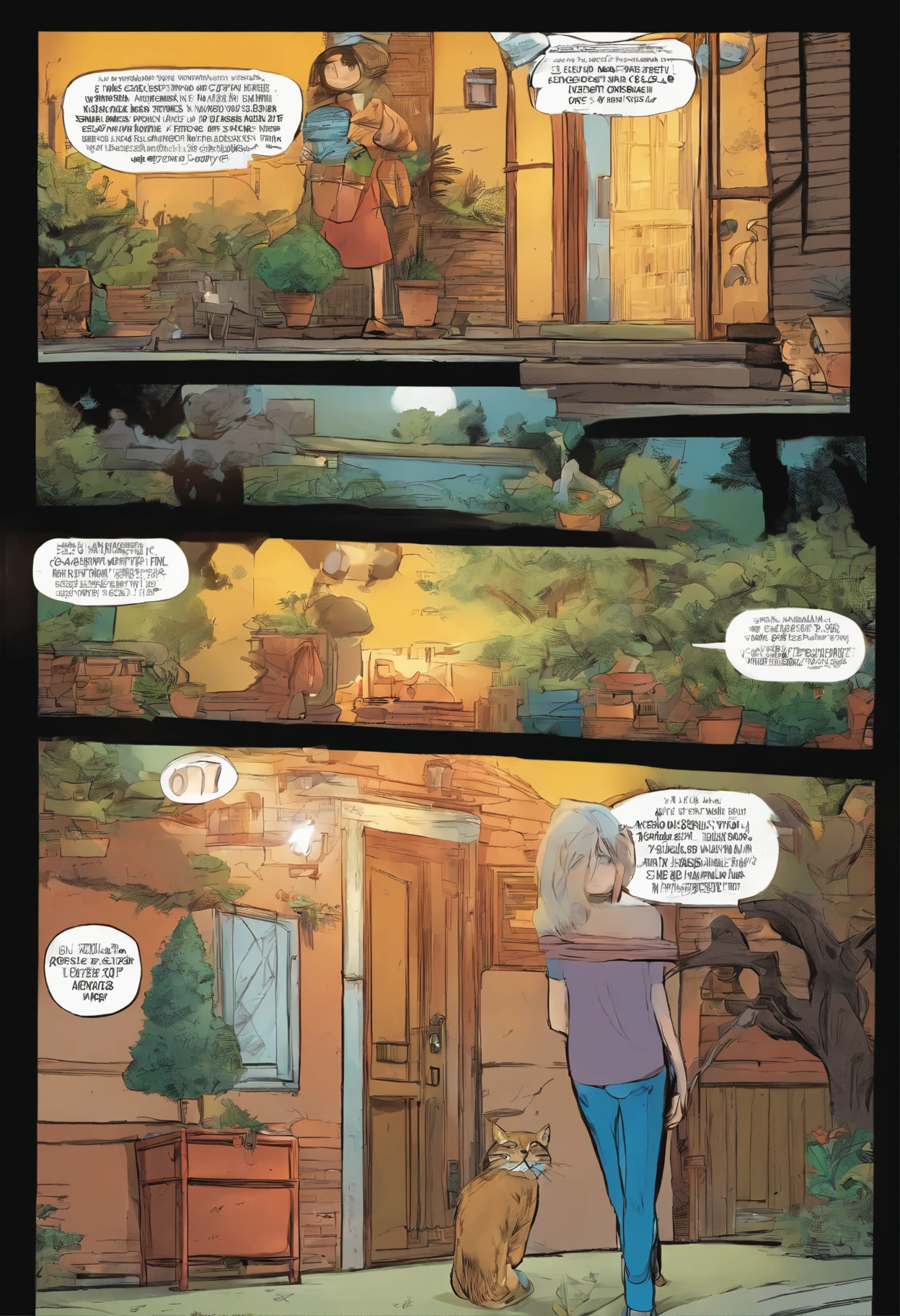 American comics, the comic story is presented in multiple irregular panels with color. The American Shorthair cat goes through hardships while running away from home and then reunites with its owner. The style is exaggerated and detailed, Daughter getting raped by her dad