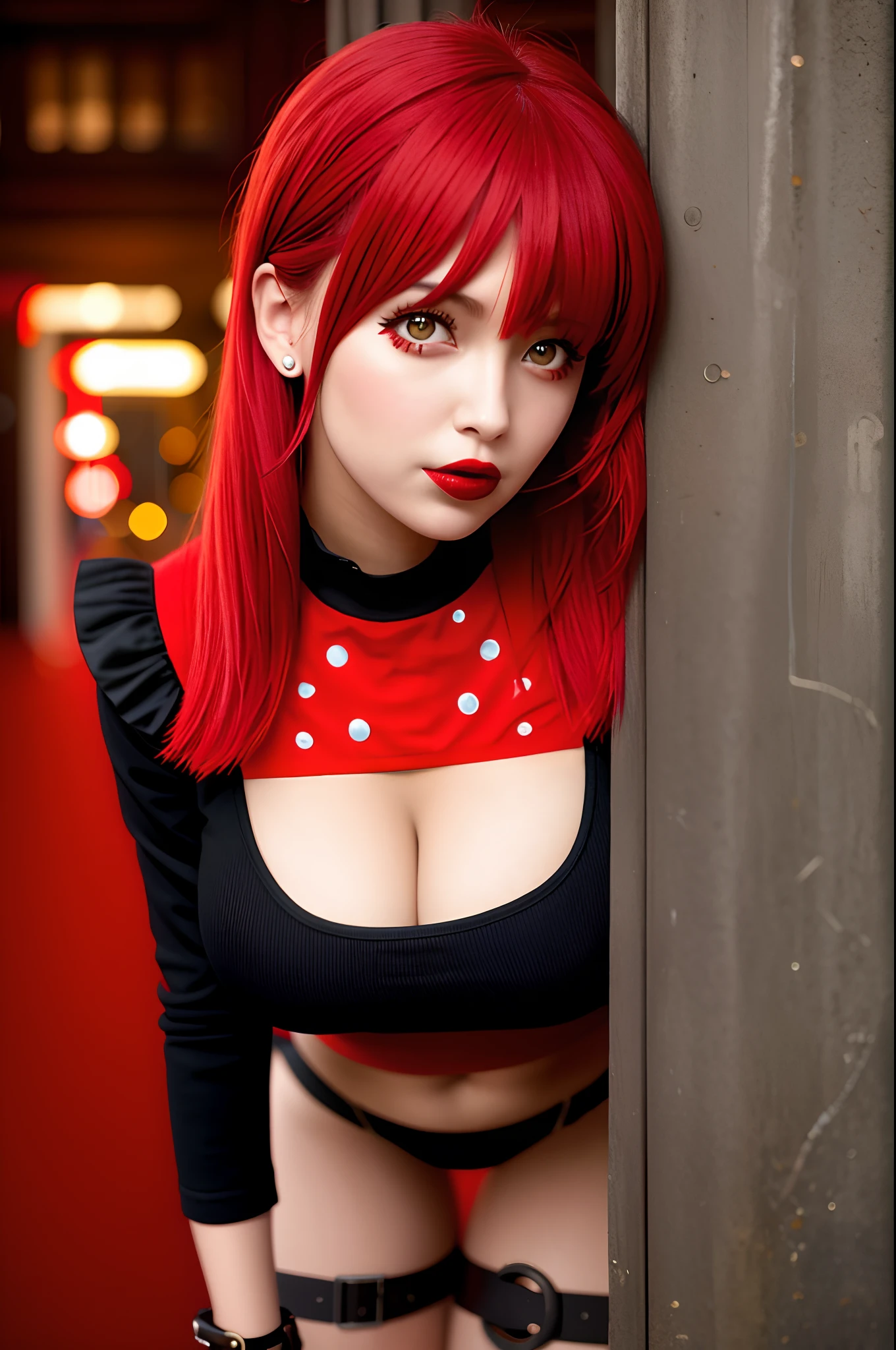 1girll，red theme，looking at viewert，big cleavage breasts，sportrait，From the side Side，Noise bad girl sticks out her tongue，halloween, steampunk,（（a matural female））
