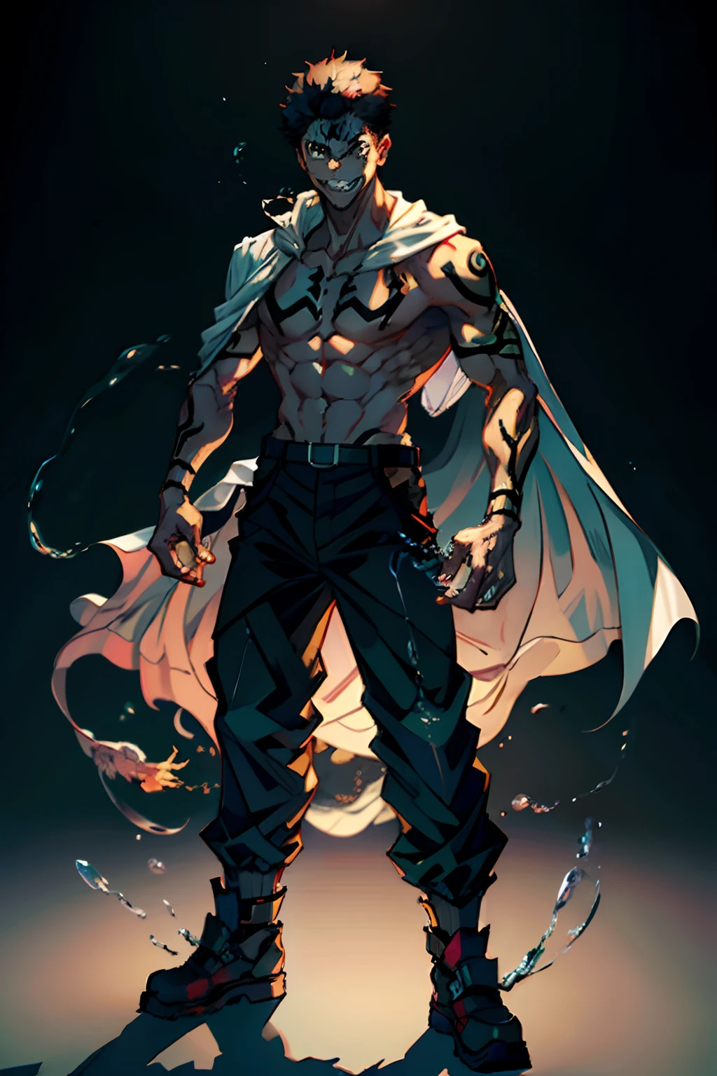 (masterpiece, best quality:1.2), full body shot, male focus, 1boy, sukuna variation black hair, very big menacing smile, white tactical sorcerer outfit with cape , tattoo_on_his_face, tattoo_ryoumen, hands in the pocket,standing on a dead dragon, black skin