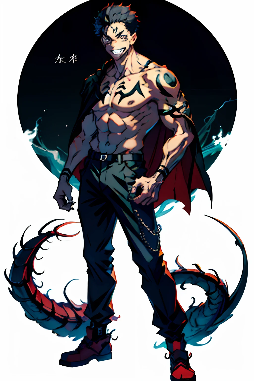 (masterpiece, best quality:1.2), full body shot, male focus, 1boy, sukuna variation black hair, very big menacing smile, white tactical sorcerer outfit with cape , tattoo_on_his_face, tattoo_ryoumen, hands in the pocket,standing on a dead dragon, black skin