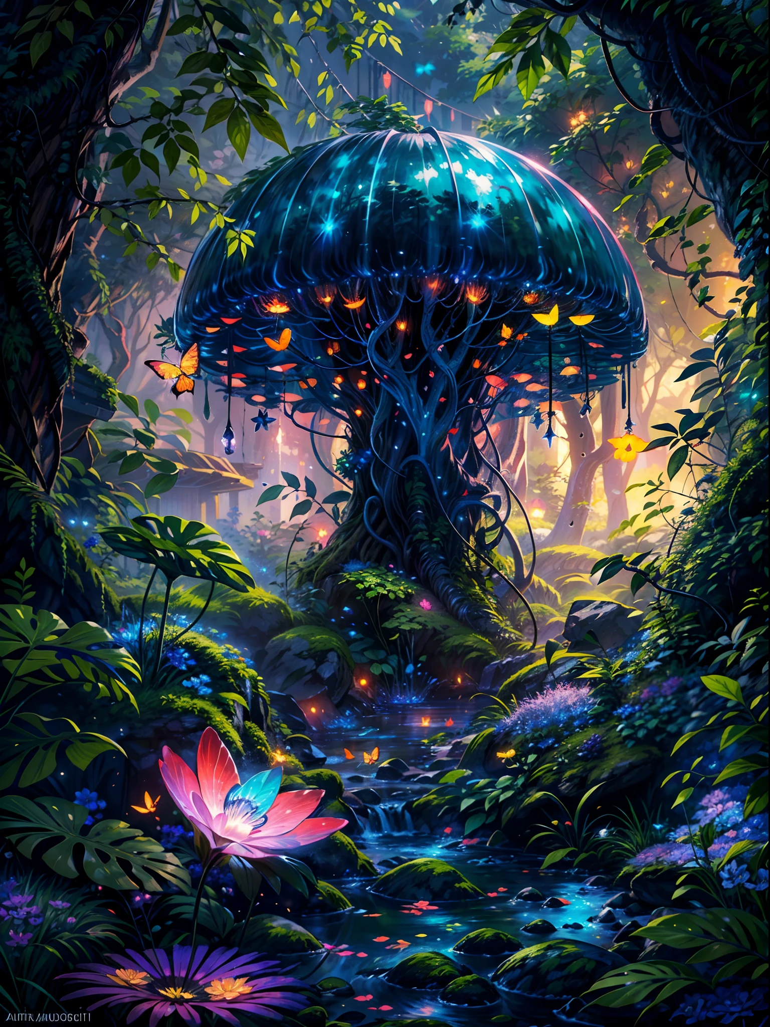 (best quality,4k,8k,highres,masterpiece:1.2),ultra-detailed,(realistic,photorealistic,photo-realistic:1.37),fantasy jungle,floating jellyfish,blue leaf,pink butterfly,firefly,glowing mushroom,strange-looking tree,black vines,strange-looking flowers,colorful flowers and tree,
artistic rendering,ethereal atmosphere,vibrant colors,dappled sunlight,lush greenery,majestic tree canopies,mysterious shadows,unexplored paths,hidden creatures,
enchanting foliage,whispering leaves,surreal plants,gentle rustling,illuminated petals,dream-like glow,mesmerizing luminescence,glimmering fireflies,twinkling stars,
mystical ambiance,intricate details,airy and magical,ethereal beauty,peaceful serenity,secluded oasis,enchanted escape,enigmatic depths,unearthly tranquility