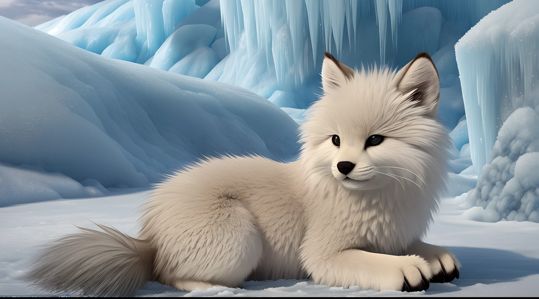 Generate an image of an adorable and fluffy fire creature, with a tired expression, in a cold and icy glacial environment. The creature's fur resembles flickering flames, radiating warmth and comfort amidst the chilly surroundings. It appears exhausted, yet resilient, with small signs of weariness. The glacial environment features towering ice formations, glistening snow, and a serene ambiance. The air feels cool and moist, adding to the overall sense of the environment. Despite its fatigue, the creature's charm and cuteness shine through, evoking a feeling of empathy and admiration --auto --s2
