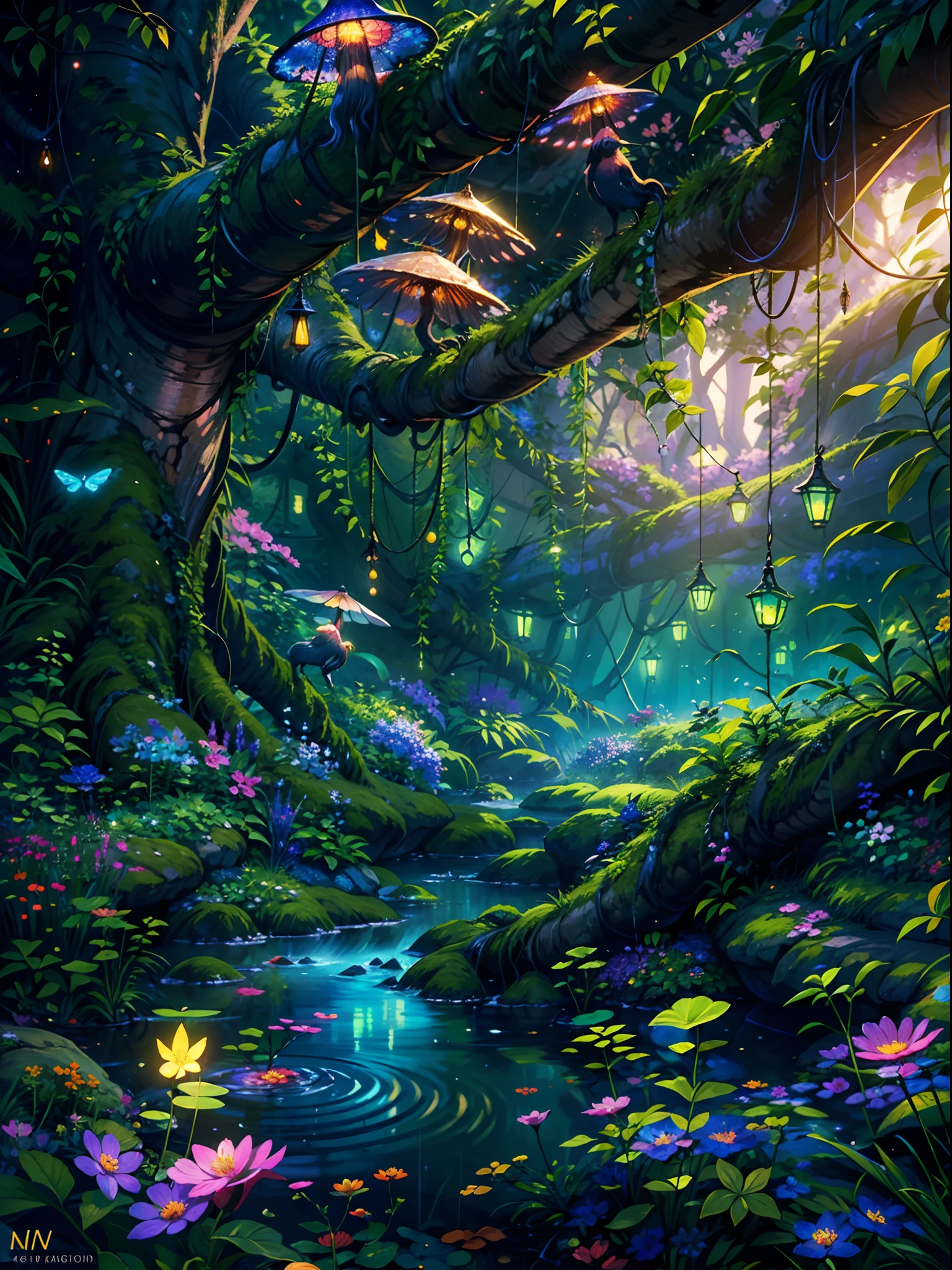 A painting of a forest with flowers and trees - SeaArt AI