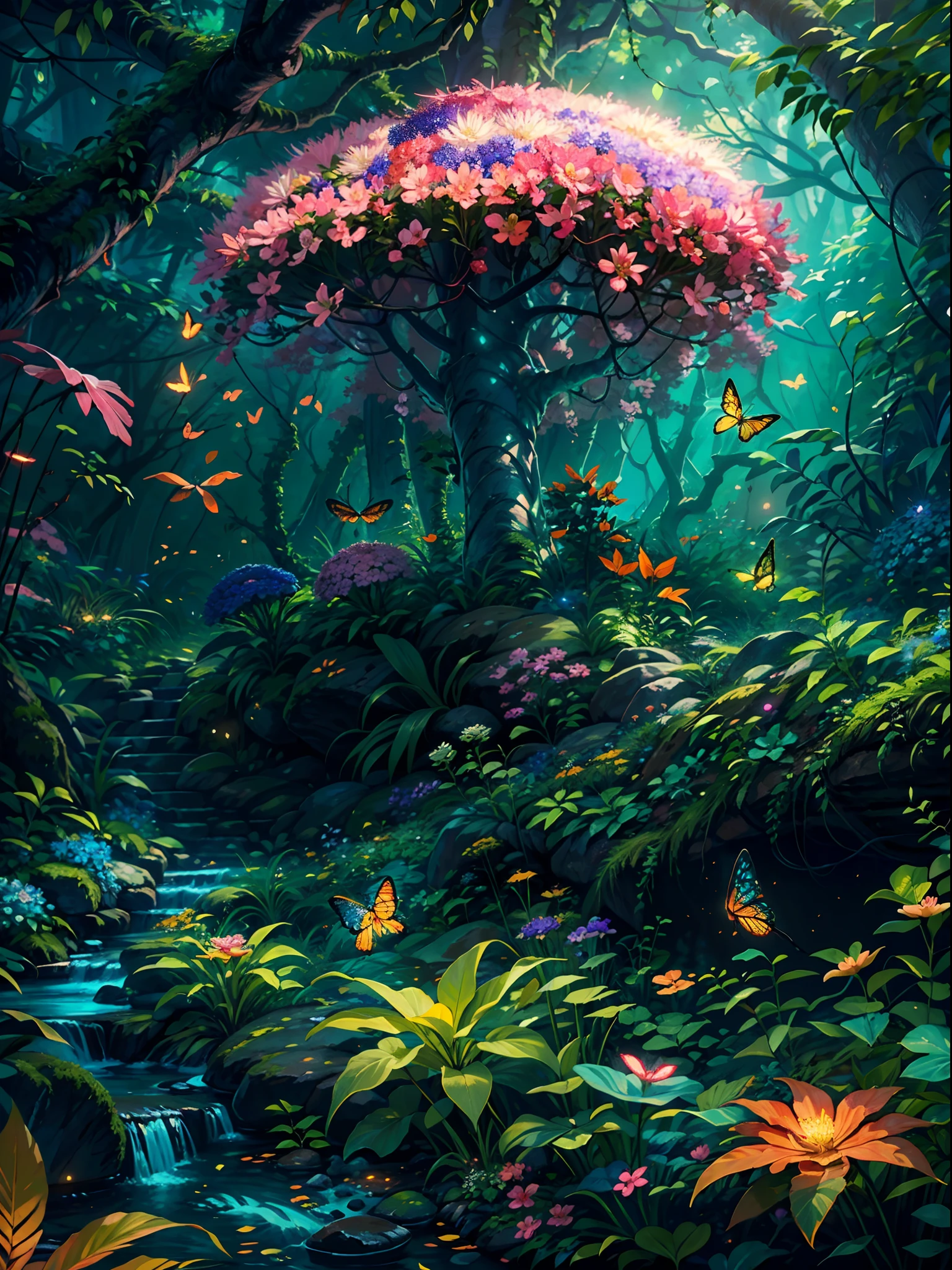 (best quality,4k,8k,highres,masterpiece:1.2),ultra-detailed,(realistic,photorealistic,photo-realistic:1.37),fantasy jungle,floating jellyfish,blue leaf,pink butterfly,firefly,glowing mushroom,strange-looking tree,black vines,strange-looking flowers,colorful flowers and tree,
artistic rendering,ethereal atmosphere,vibrant colors,dappled sunlight,lush greenery,majestic tree canopies,mysterious shadows,unexplored paths,hidden creatures,
enchanting foliage,whispering leaves,surreal plants,gentle rustling,illuminated petals,dream-like glow,mesmerizing luminescence,glimmering fireflies,twinkling stars,
mystical ambiance,intricate details,airy and magical,ethereal beauty,peaceful serenity,secluded oasis,enchanted escape,enigmatic depths,unearthly tranquility