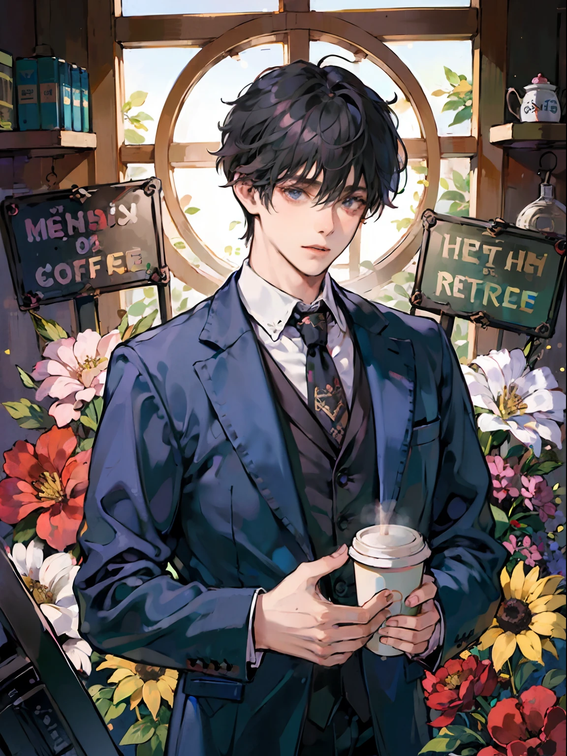 1boy, only、(Man's :2),(bobhair:1.5)、A dark-haired、Drinking coffee、Brightly colored ties、Cluttered office、Natural lighting、hightquality、masutepiece,8K,hight resolution、