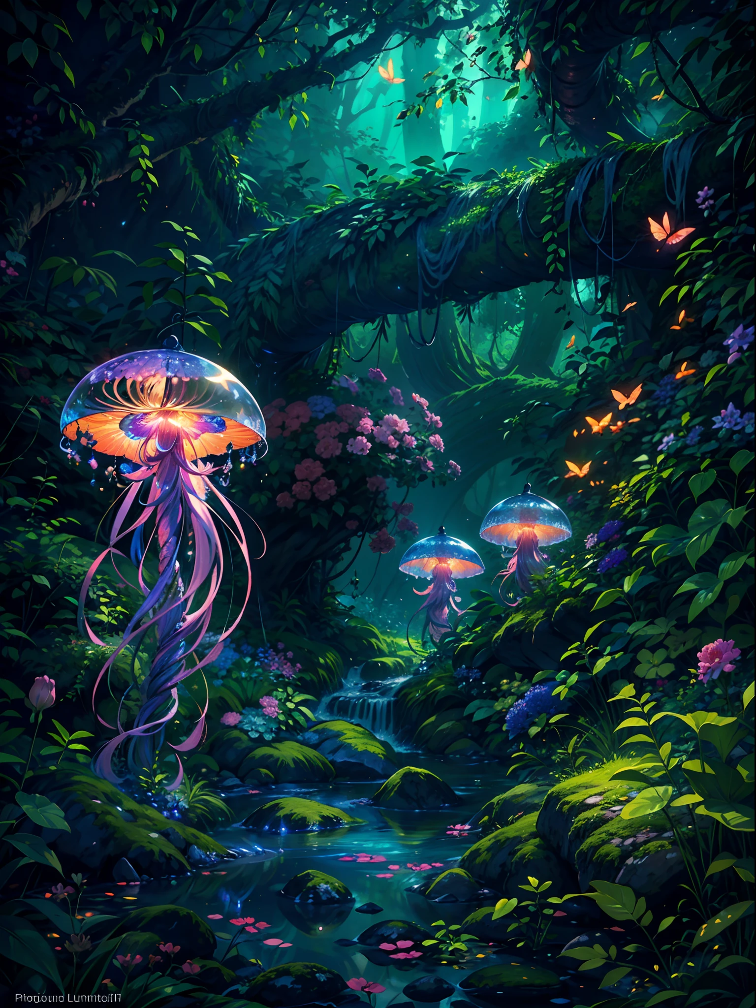 (best quality,4k,8k,highres,masterpiece:1.2),ultra-detailed,(realistic,photorealistic,photo-realistic:1.37),fantasy jungle,floating jellyfish,blue leaf,pink butterfly,firefly,glowing mushroom,strange-looking tree,black vines,strange-looking flowers,colorful flowers and tree,
artistic rendering,ethereal atmosphere,vibrant colors,dappled sunlight,lush greenery,majestic tree canopies,mysterious shadows,unexplored paths,hidden creatures,
enchanting foliage,whispering leaves,surreal plants,gentle rustling,illuminated petals,dream-like glow,mesmerizing luminescence,glimmering fireflies,twinkling stars,
mystical ambiance,intricate details,airy and magical,ethereal beauty,peaceful serenity,secluded oasis,enchanted escape,enigmatic depths,unearthly tranquility