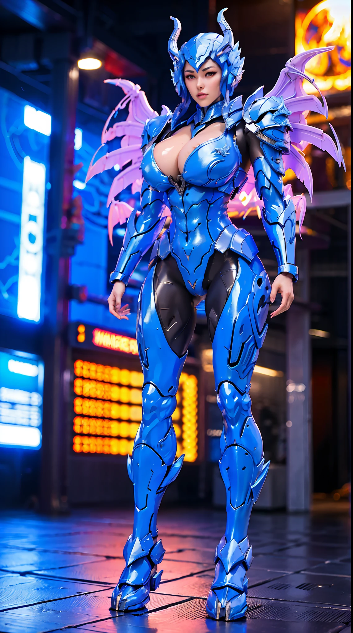 BLUE WATER DRAGON, (DRAGON HEAD), HUGE BOOBS, WATER MECHA ARMOR FULL SUIT, (CLEAVAGE), (A PAIR LARGEST PHOENIX WINGS), TRANSPARANT, TALL LEGS, STANDING, SEXY BODY, MUSCLE ABS.