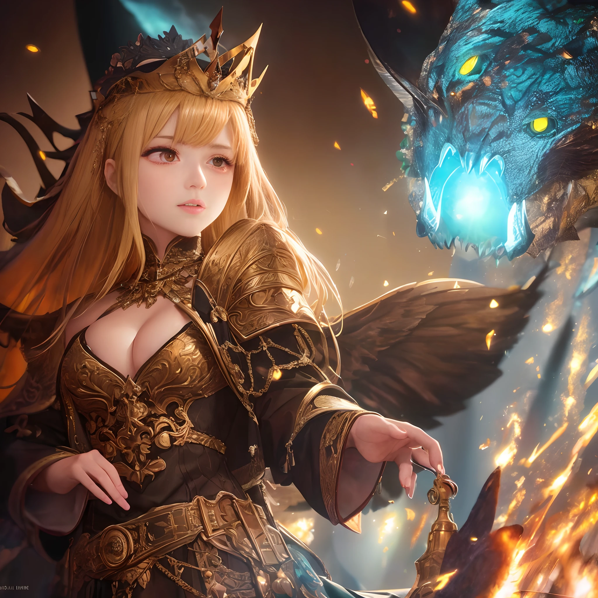 chromatic aberration, depth of field, soft lighting, masterpiece, best quality, intricate, tone mapped, highly detailed, artstation, concept art, smooth, sharp focus, dramatic lighting, highly detailed artwork, cinematic, hyper realistic painting, trending on Artstation, 8K, incredible shadows, realistic, (highly detailed background:1.0), a demon princess floating above the hordes of hell, she commands the army with her mighty trumpet, she wears a crown covered in lava, her glowing red eyes are on fire