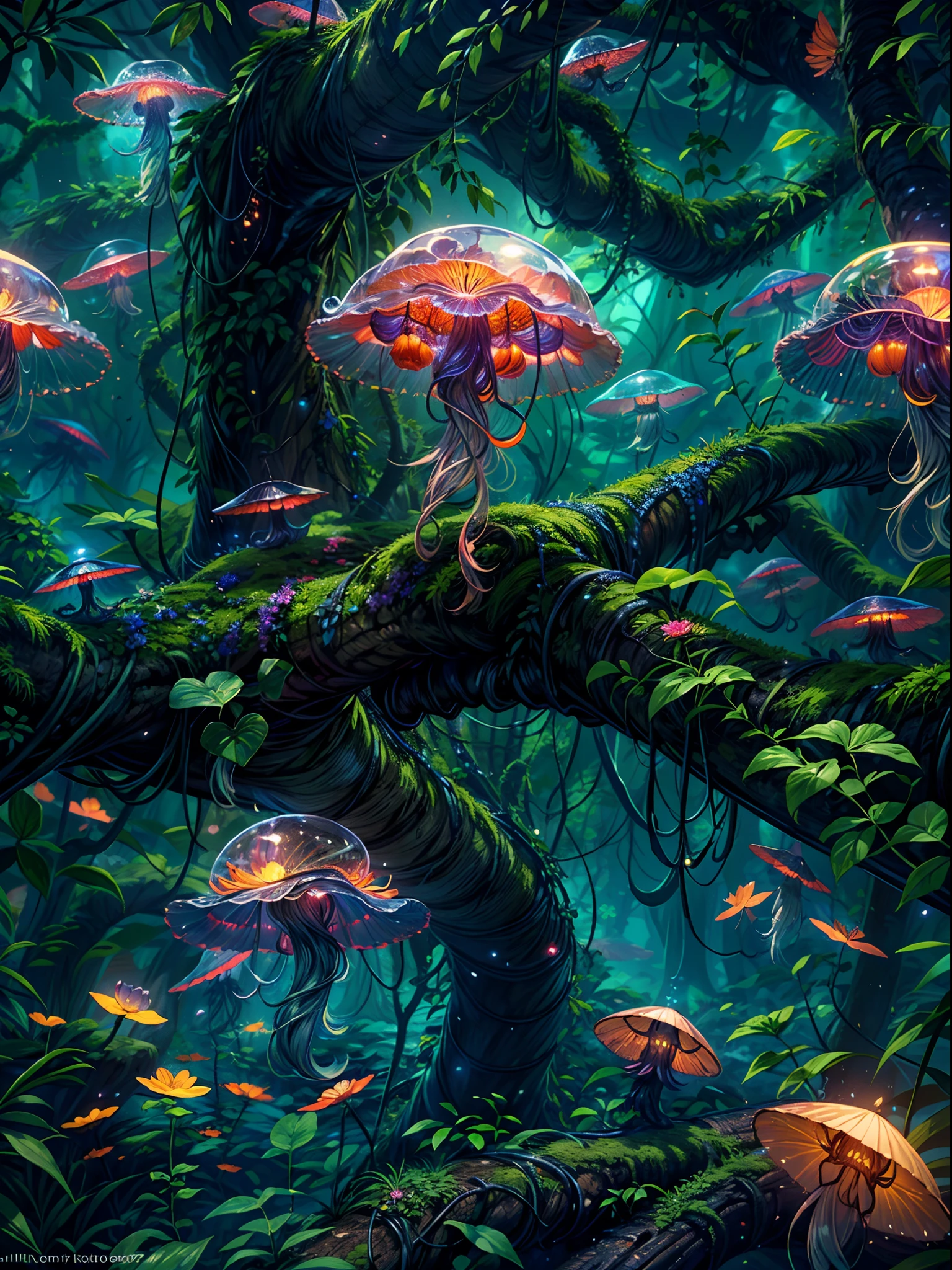 (best quality,4k,8k,highres,masterpiece:1.2),ultra-detailed,(realistic,photorealistic,photo-realistic:1.37),fantasy jungle,floating jellyfish,blue leaf,pink butterfly,firefly,glowing mushroom,strange-looking tree,black vines,strange-looking flowers,colorful flowers and tree,
artistic rendering,ethereal atmosphere,vibrant colors,dappled sunlight,lush greenery,majestic tree canopies,mysterious shadows,unexplored paths,hidden creatures,
enchanting foliage,whispering leaves,surreal plants,gentle rustling,illuminated petals,dream-like glow,mesmerizing luminescence,glimmering fireflies,twinkling stars,
mystical ambiance,intricate details,airy and magical,ethereal beauty,peaceful serenity,secluded oasis,enchanted escape,enigmatic depths,unearthly tranquility