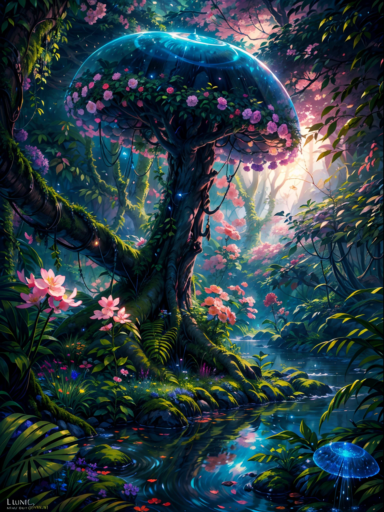 (best quality,4k,8k,highres,masterpiece:1.2),ultra-detailed,(realistic,photorealistic,photo-realistic:1.37),fantasy jungle,floating jellyfish,blue leaf,pink butterfly,firefly,glowing mushroom,strange-looking tree,black vines,strange-looking flowers,colorful flowers and tree,
artistic rendering,ethereal atmosphere,vibrant colors,dappled sunlight,lush greenery,majestic tree canopies,mysterious shadows,unexplored paths,hidden creatures,
enchanting foliage,whispering leaves,surreal plants,gentle rustling,illuminated petals,dream-like glow,mesmerizing luminescence,glimmering fireflies,twinkling stars,
mystical ambiance,intricate details,airy and magical,ethereal beauty,peaceful serenity,secluded oasis,enchanted escape,enigmatic depths,unearthly tranquility