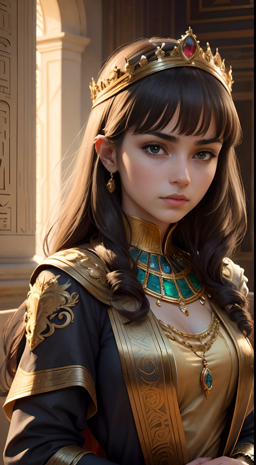 (best quality,4k,8k,highres,masterpiece:1.2),ultra-detailed,(realistic,photorealistic,photo-realistic:1.37),fraud revelation scene,ancient Egyptian theme,confrontation,royal atmosphere,princess's point of view,pharaoh deception,illuminated palace,grand architecture,majestic columns,golden accessories,egyptian hieroglyphs,witnessing the truth,emotional revelation,betrayal,princess's determination and courage,ancient artifacts revealing the truth,dramatic tension,shadows and highlights contrasting,rich colors,royal garments,emerald eyes of the princess,intense gaze,proud and determined expression,surrounding courtiers and guards in awe,numerous witnesses in the scene,shocked and fearful faces,mysterious atmosphere,revealing hidden secrets,powerful narrative,princess's strong decision to expose the fraud,solemn atmosphere,tense silence,crisp air,sparks of sunlight penetrating through the palace windows,golden light shining on the princess's face,suspenseful atmosphere,exquisite details in costumes and surroundings,facial expressions reflecting different emotions,details creating depth and realism,meticulous attention to historical accuracy and cultural details,lifelike textures and intricate patterns,grandiose scale of the palace,princess's bravery and intelligence,contrast between light and shadow,emphasis on creating a sense of awe and wonder,dynamic composition,unexpected twist in the story,ending with justice prevailing over deception,emotional impact on viewers,leaving a lasting impression.