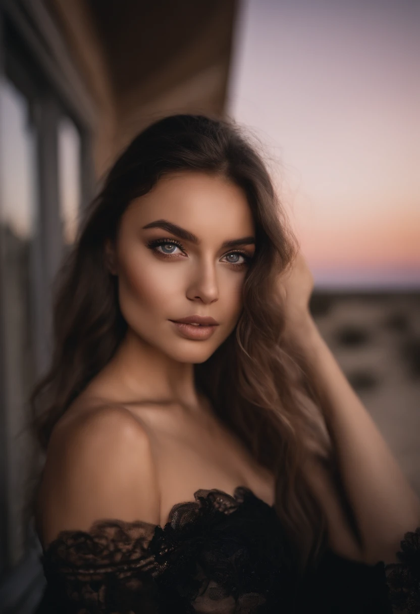 Arafed woman in evening dress, fille sexy aux yeux bleus, Portrait Sophie Mudd, cheveux bruns et grands yeux, selfie of a young woman, Yeux de chambre, Violet Myers, sans maquillage, maquillage naturel, regardant le ciel, Visage avec Artgram, Maquillage subtil, Superbe photo du corps entier, clivage, in the desert