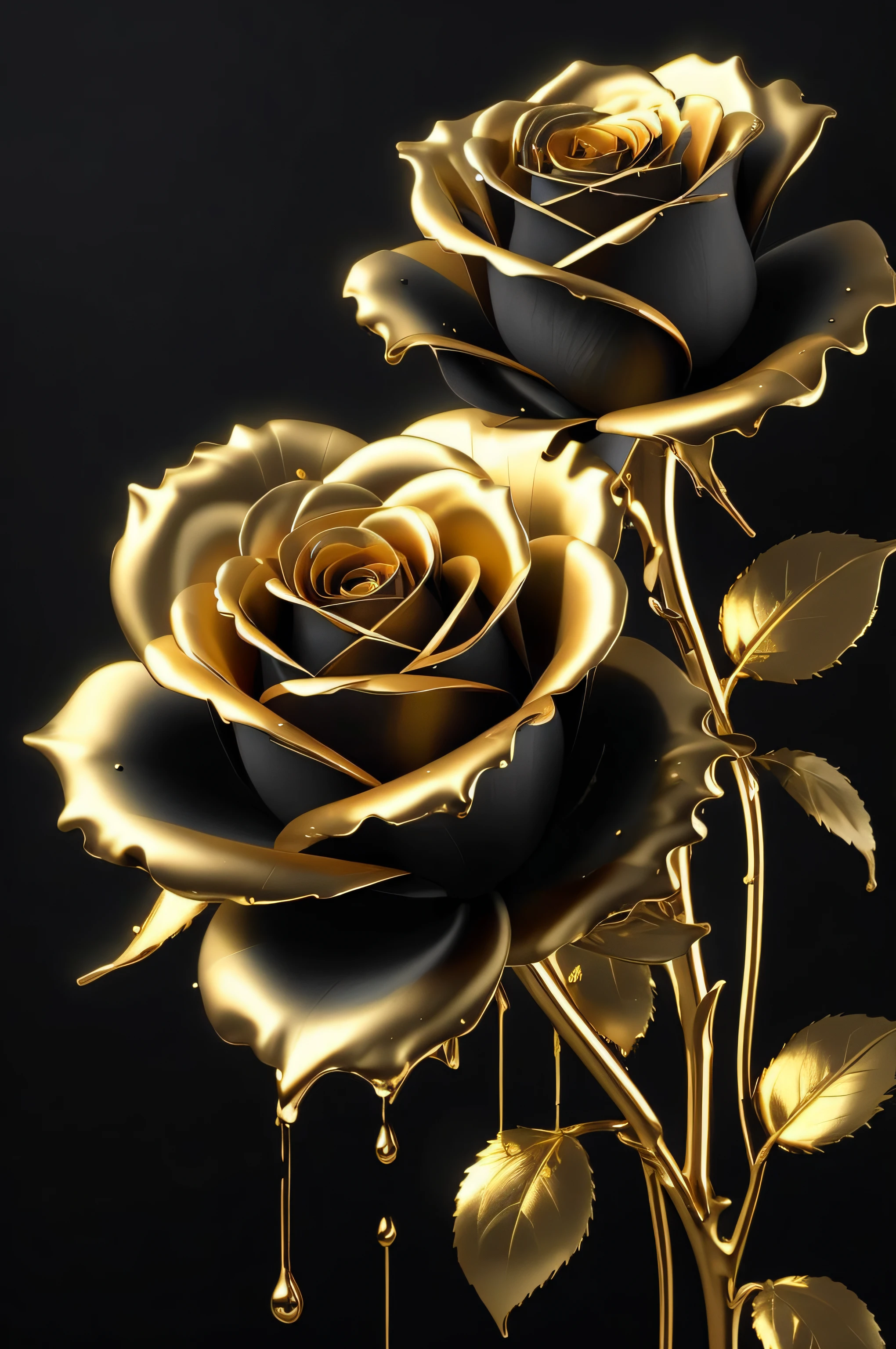 There is a golden rose with a drop of water on it, flores de ouro, preto e dourado cor rica, Cores Preto e Dourado, Preto e Dourado, ouro preto, ouro e preto, rosas pretas, flores e ouro, Flores douradas, ouro e metal preto, flores em flocos de ouro, esquema de cores dourado e preto, ouro realista, ouro negro, rosa negra
