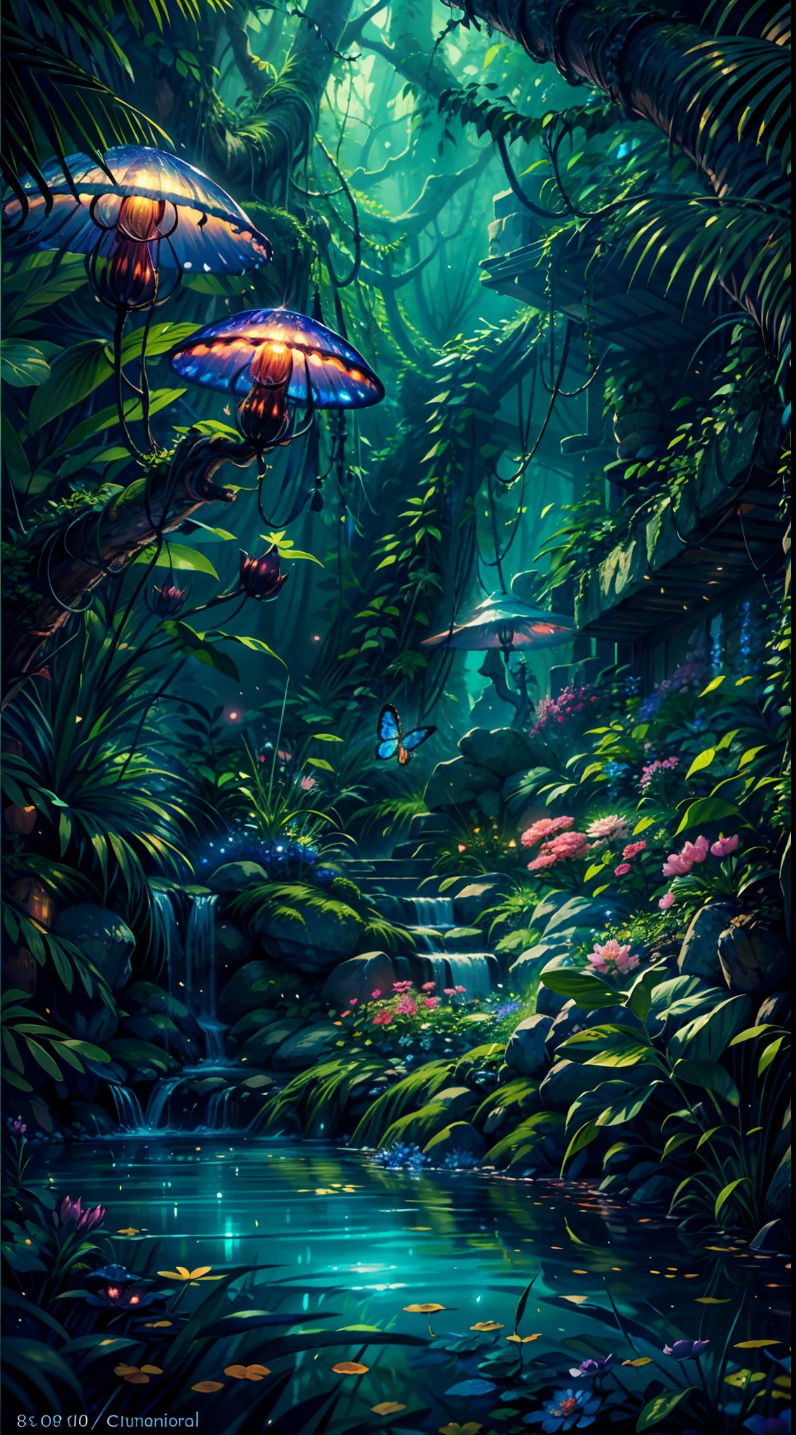 A painting of a forest with a stream and a waterfall - SeaArt AI