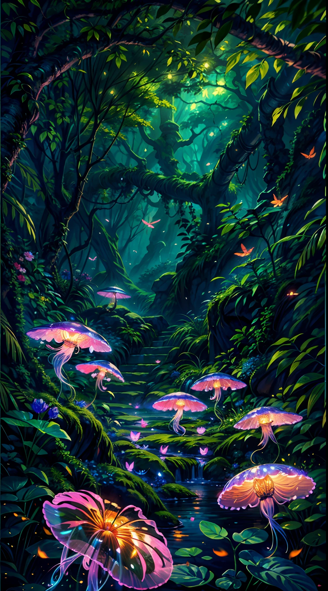 (best quality,4k,8k,highres,masterpiece:1.2),ultra-detailed,(realistic,photorealistic,photo-realistic:1.37),fantasy jungle,floating jellyfish,blue leaf,pink butterfly,firefly,glowing mushroom,strange-looking tree,black vines,strange-looking flowers,colorful flowers and tree,
artistic rendering,ethereal atmosphere,vibrant colors,dappled sunlight,lush greenery,majestic tree canopies,mysterious shadows,unexplored paths,hidden creatures,
enchanting foliage,whispering leaves,surreal plants,gentle rustling,illuminated petals,dream-like glow,mesmerizing luminescence,glimmering fireflies,twinkling stars,
mystical ambiance,intricate details,airy and magical,ethereal beauty,peaceful serenity,secluded oasis,enchanted escape,enigmatic depths,unearthly tranquility