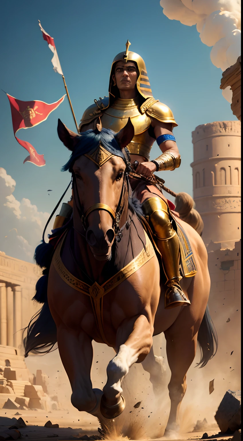 (best quality,4k,8k,highres,masterpiece:1.2),ultra-detailed,(realistic,photorealistic,photo-realistic:1.37),Persian invasion of Egypt,ancient historical battle,crowded,chaotic scene [war],Persian warriors with intricate armor and weapons,conquering Egyptian lands,elephants marching in the battlefield [tension],Egyptian soldiers fighting bravely,desert sand and dust filling the air [dramatic],sun shining brightly casting long shadows,fiery explosions and destruction [action],detailed depictions of faces and expressions,emotions of fear, anger, and determination,armored horses running at full speed [movement],Egyptian architecture in ruins,crumbling temples and pyramids [decay],Persian banners and flags waving high in the sky,showing their dominance [victory],golden and turquoise colors representing the opulence and vibrancy of the ancient civilizations [color palette],soft warm lighting creating a dramatic atmosphere.