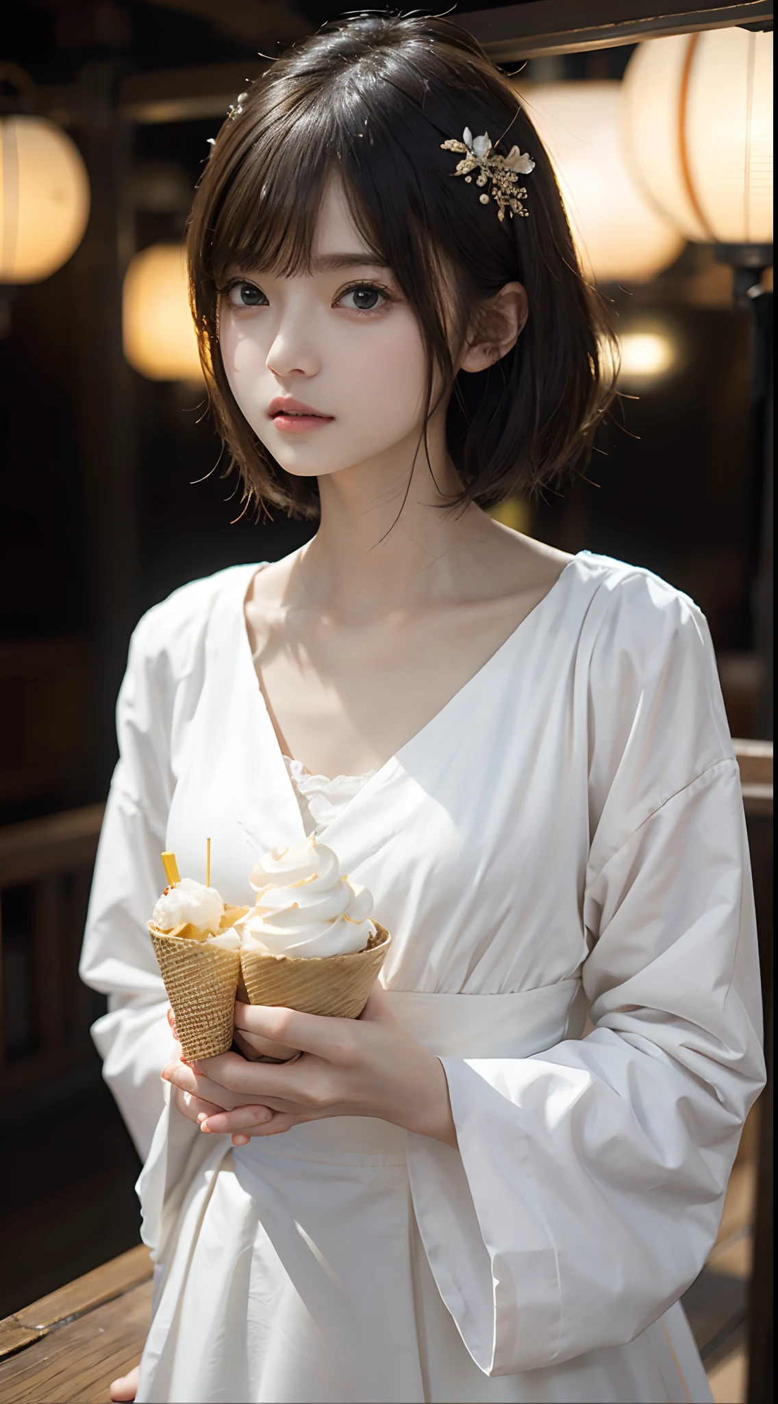 masterpiece、1 Beautiful Girl、A detailed face、A detailed eye、Detailed skin、top-quality、japanes、Illuminated from the front with bright lighting、profetional lighting、The background is a little blurry、short-hair、The background is the deck of the ship、Hair is disheveled by the wind、Eating soft-serve ice cream、The costume is a white dress、