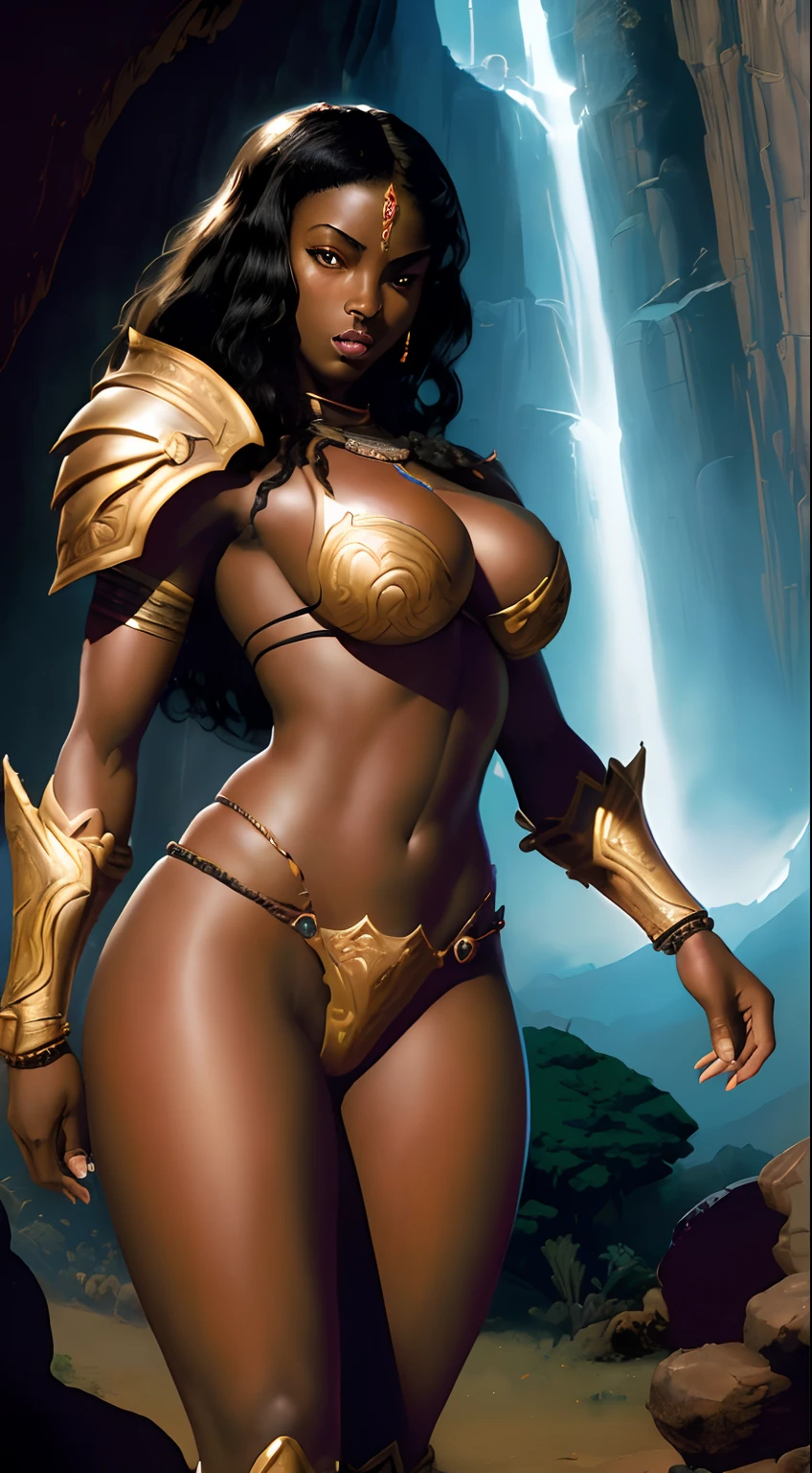 1girl, black woman, amazing seductive,. stunning volup6body, enormeous saggy breasts, bikini armor,.epic ancient african warrior, perfect proporcion, cinematic portrait, by frank frazetta art, cover to art book, 32k, vivid colors, realistic, fantastic, fantasy_realistic, detailed epic illumination, god rays, detailed background, hyper resolution