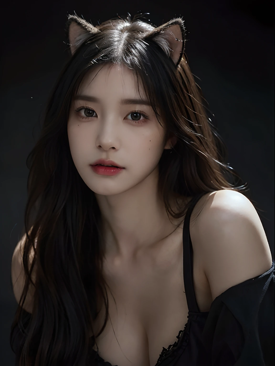 A Photograph of a beautiful woman with cat ears, her piercing gaze locked with the viewer's, in an alluring and seductive pose. Detailed eyes. The intricately detailed rendering highlights the realistic textures of her skin, while contrasting tones of deep, mysterious hues create an enigmatic atmosphere. masterpiece, high details, best quality, HD, realism.