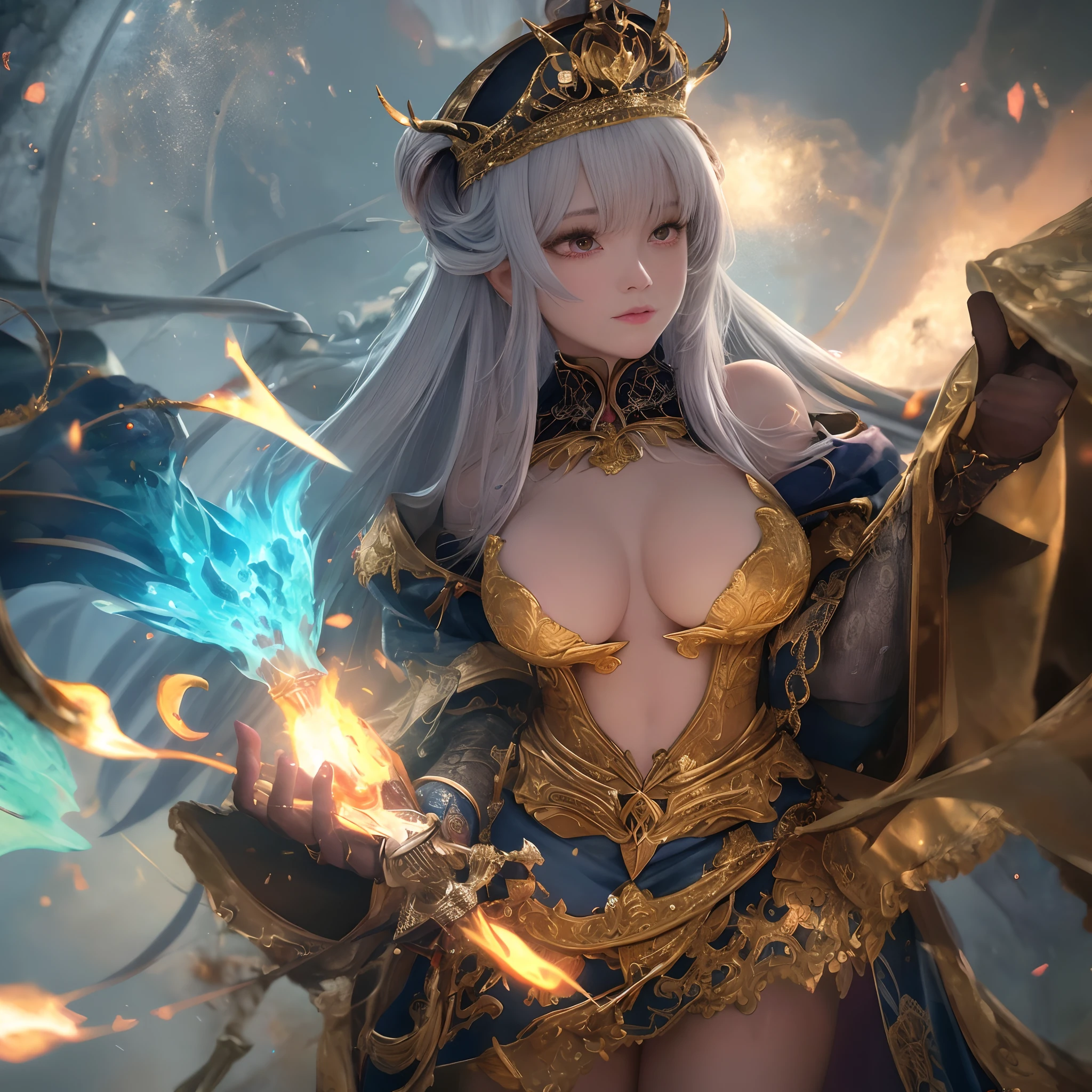 chromatic aberration, depth of field, soft lighting, masterpiece, best quality, intricate, tone mapped, highly detailed, artstation, concept art, smooth, sharp focus, dramatic lighting, highly detailed artwork, cinematic, hyper realistic painting, trending on Artstation, 8K, incredible shadows, realistic, (highly detailed background:1.0), a demon princess floating above the hordes of hell, she commands the army with her mighty trumpet, she wears a crown covered in lava, her glowing red eyes are on fire
