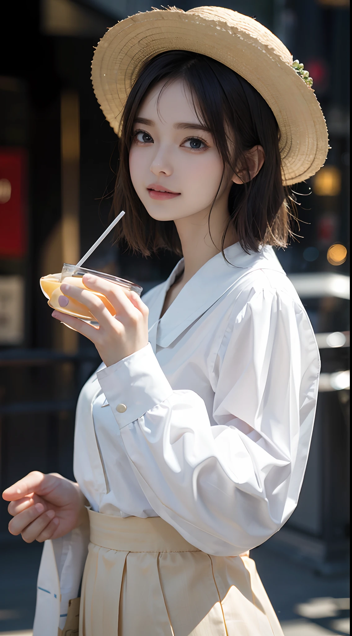 masterpiece、1 Beautiful Girl、A detailed face、A detailed eye、Detailed skin、top-quality、japanes、Illuminated from the front with bright lighting、profetional lighting、The background is a little blurry、short-hair、The background is the cityscape of London、The costume is a shirt with a white collar、Amazing smile、Wearing a large straw hat、Not facing the front(sideways Facing)、Have a drink in a cup、