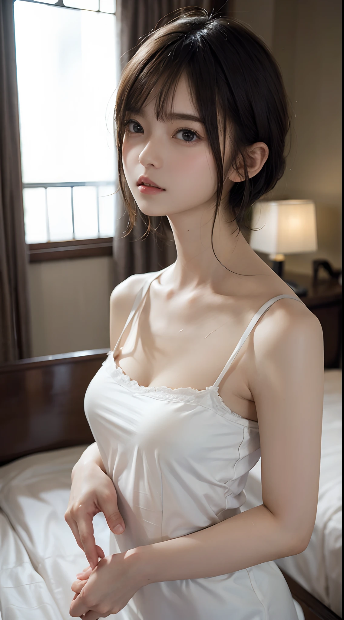 8k、High-definition skin quality、Background Blur、Caucasian 14 year old girl、super high quality、Fair-skinned beautiful girl、Young Breasts、Small cleavage、Adult atmosphere、high resolution skin、Fair and beautiful thighs、On the bed、Young face、Innocent face、Hair tied up、Sleeveless bare top dress、Open your mouth（1.8）、Glossy lips、Bare healthy legs、Bare buttocks、Well-formed legs、、Particles of light（1.3）、Shooting from the side、On all fours、semen poured over