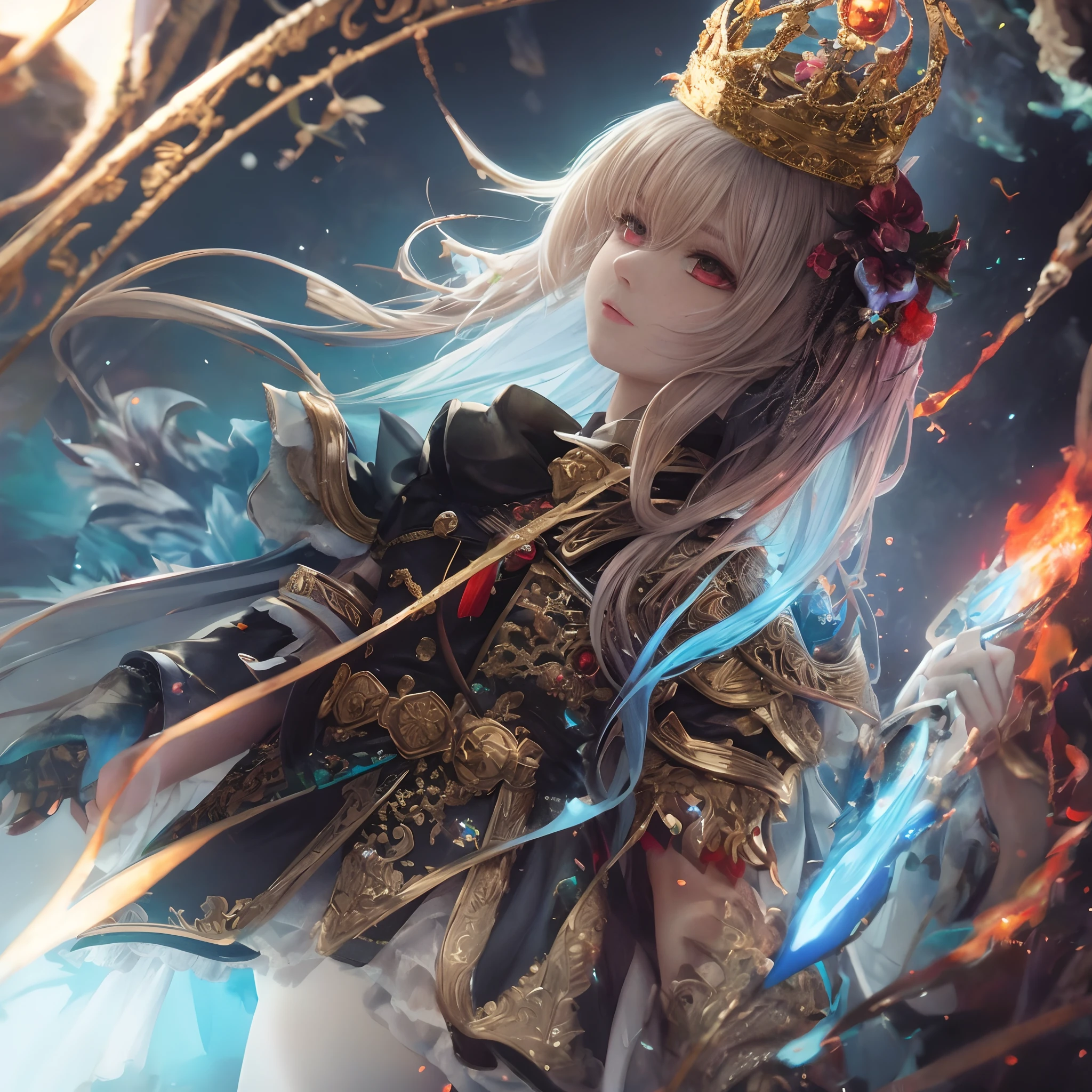 chromatic aberration, depth of field, soft lighting, masterpiece, best quality, intricate, tone mapped, highly detailed, artstation, concept art, smooth, sharp focus, dramatic lighting, highly detailed artwork, cinematic, hyper realistic painting, trending on Artstation, 8K, incredible shadows, realistic, (highly detailed background:1.0), a demon princess floating above the hordes of hell, she commands the army with her mighty trumpet, she wears a crown covered in lava, her glowing red eyes are on fire