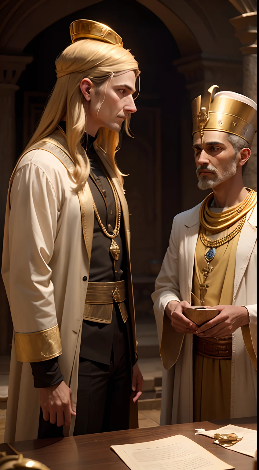 Create a scene where the doctor is advising King Cambyses, with a knowing expression, as they discuss the idea of asking for Pharaoh's daughter as a gift.