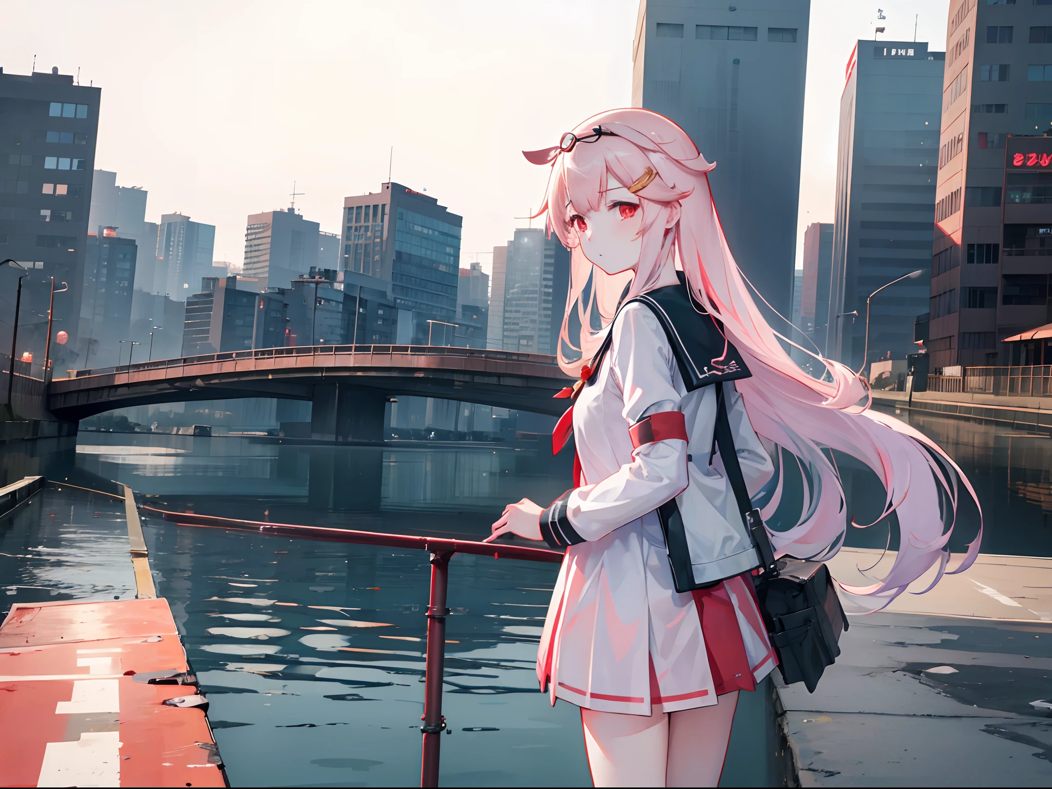 1girl, yuudachi (kantai collection), city, absurdres, high res, ultrasharp, 8K, masterpiece, looking at viewer