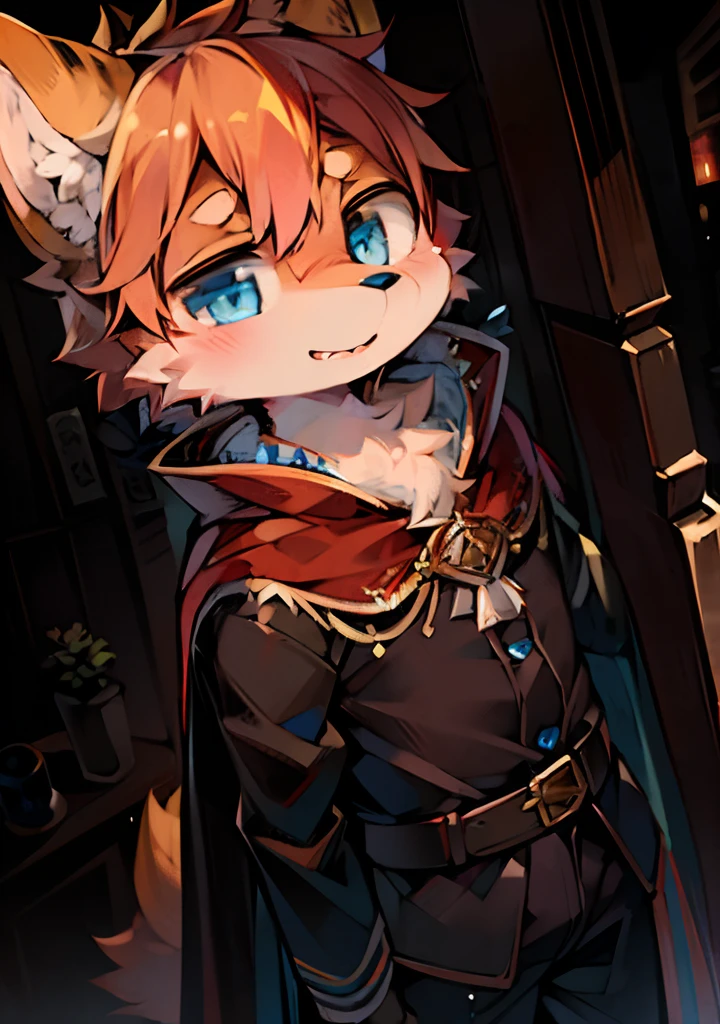 (dark environment:0.8),masterpiece, high quality, absurd res, digital painting \(artwork\), by dagasi, yupa,kiyosan,(anthro,fluffy fur,character focus:1.1),anthro male dog,portrait, bright eyes,panorama,character focus.(detailed background:0.7),solo,furry,furry male ,male focus,anthr,(Full body fur, fluffy tail, oringe fur,blue eyes,white),(long canines,cape:1.2)