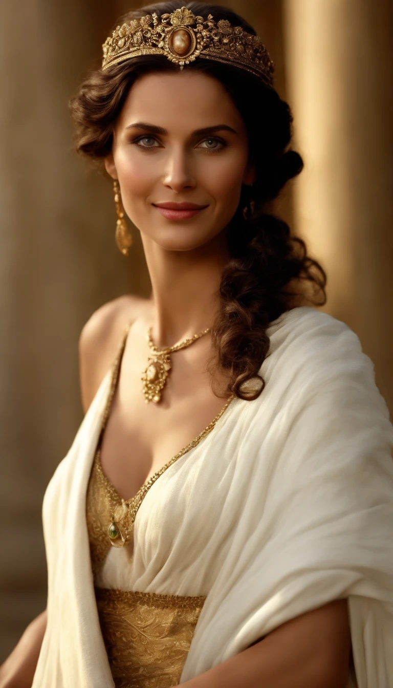 (Numerous award-winning masterpieces, with incredible details, Maximum textures and details), (hyper realistic:1.4), (Realstic:1.3), (Haut du corps vers le haut:0.4), (best quality real texture skin), ((Monde de la mythologie grecque)), finely detailed eyes, Visage fovale finement , Visage en face, yeux doux, (Elle a un sourire gentil sur son visage:1.4), Friendly and feminine face, Greek outfit with an ancient Egyptian mix , avec une couronne laurier discret en an365. brown curly hair, en chignon. Long dress draped in white.1tenanr des rouleau de papyruse) Creating vibrant energy, Coucher de soleil tardif projetant une lueur chaude, a festive atmosphere embracing the Roman era, Meticulous attention to detail capturing the essence of elegance.