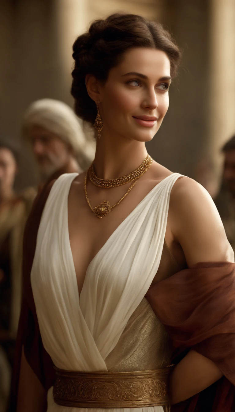 (Numerous award-winning masterpieces, with incredible details, Maximum textures and details), (hyper realistic:1.4), (Realstic:1.3), (Haut du corps vers le haut:0.4), (best quality real texture skin), ((Monde de la mythologie grecque)), finely detailed eyes, finely detailed face, visage en face, yeux doux, (Elle a un sourire gentil sur son visage:1.4), Friendly and feminine face, Roman Empress, avec une coiffure Romaine ennan 65. brown and curly hair, en chignon. Long dress outfit draped in white.1) Creating vibrant energy, Coucher de soleil tardif projetant une lueur chaude, a festive atmosphere embracing the Roman era, Meticulous attention to detail capturing the essence of elegance.