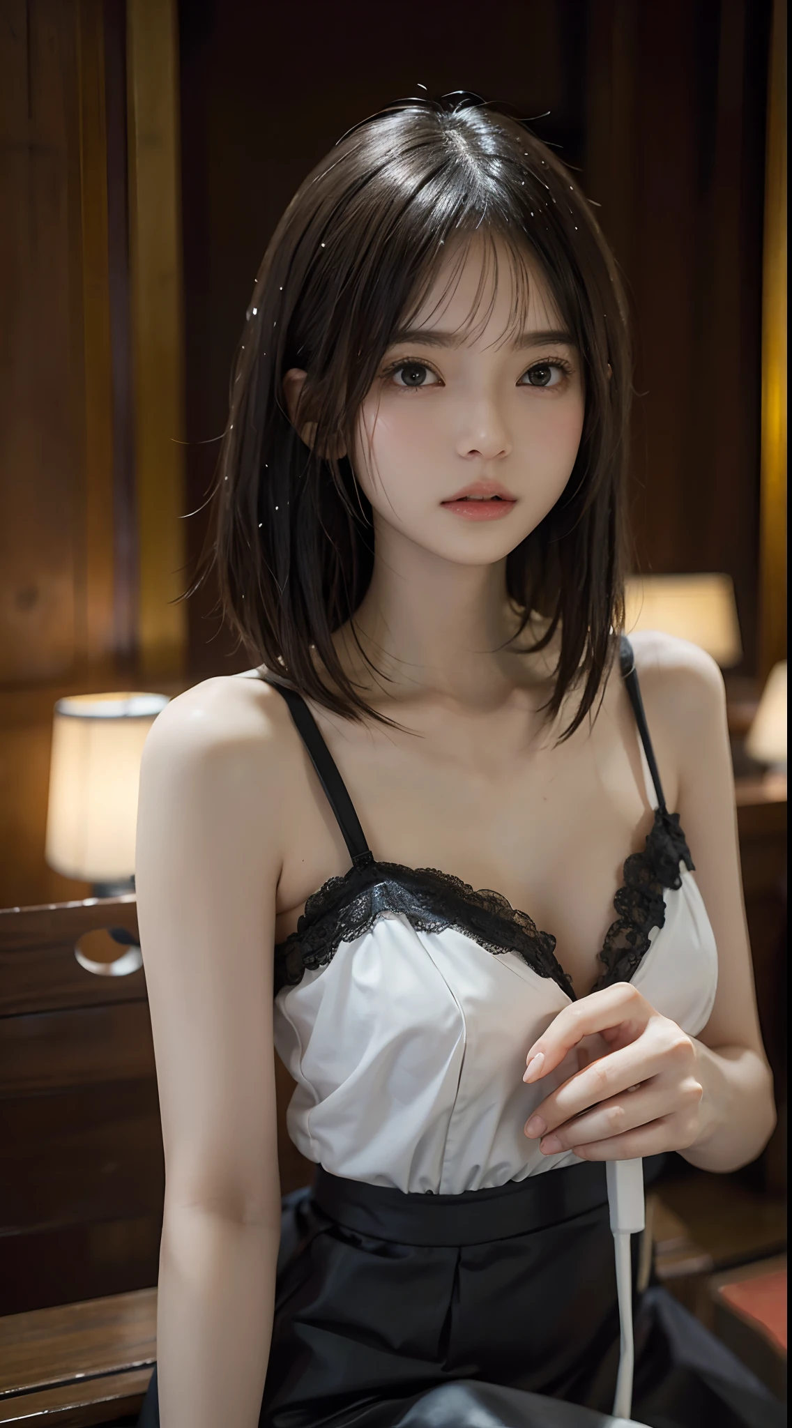 (64k, RAW photo, best quality, masterpiecel1.4), (realistic, photo-realistic:1.37), photo of a Japanese girl in a loose & oversize black jacket, white sheer camisole, Natural(small breasts:1.25), (micro:1.4)short pants, looking away, Seductive Smile, (kpop idol), messy hair, medium hair, (pink blush), (lighting), wood bench, sitting, open legs, spread legs, (solo), dynamic pose, ((erectnipples)), (female pubic-hair), (puffy eyes:1.3), (slim legs), HDR, highly detailed, ambient occlusion, outdoors, natural park, harmonious composition, fine art photography,