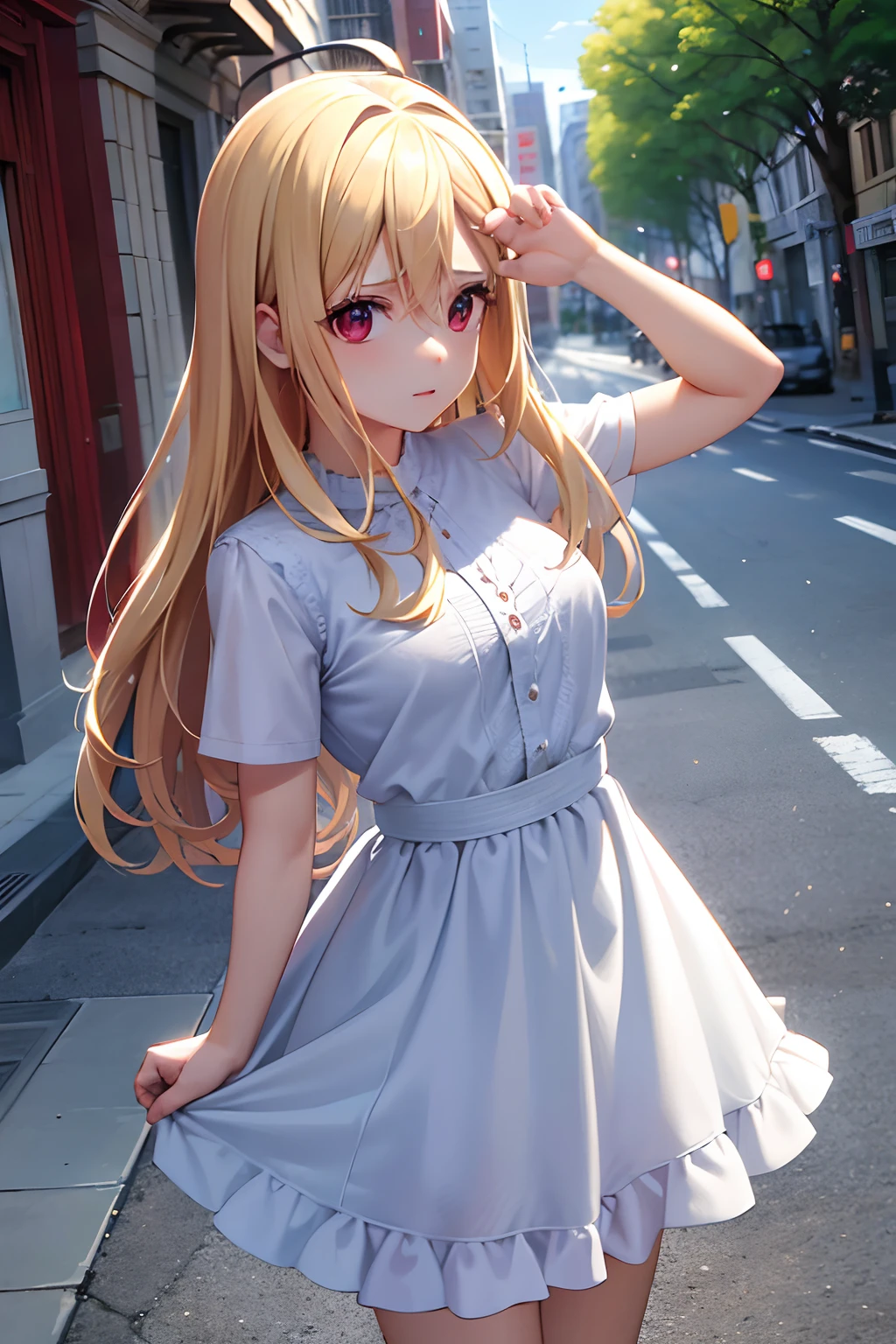 1girl,cabello dorado,ojos rojos,gabardina blanca larga,[white angel wings],en las calles de una ciudad,[Ropa con detalles negros],ojos brillantes,[Halo de luz en la cabeza],tag,[dramatic colors],illustration,Ultra detallado,[Altas Resoluciones],Realistic explanation: This message describes a detailed and realistic illustration of a girl with golden hair and red eyes... Lleva una gabardina blanca larga con detalles negros., lo que agrega contraste y estilo a su atuendo. The girl is standing in the streets of a city, rodeado por el ajetreo y el bullicio de la vida urbana. His bright red eyes shine with intensity and determination, Capturing the attention of anyone who sees it. A pair of white angel wings are attached to his back, symbolizing his purity and divine presence in the chaotic city. En la parte superior de su cabeza, Hay un halo de luz, Reflejos, acentuando su naturaleza angelical. The scene is set during the day, allowing vibrant, dramatic colors to fill the artwork and create a visually striking composition. La calidad general de la imagen es alta, con detalles finos y una apariencia realista. It is an illustration created with great attention to detail, proporcionando una experiencia inmersiva y visualmente atractiva.