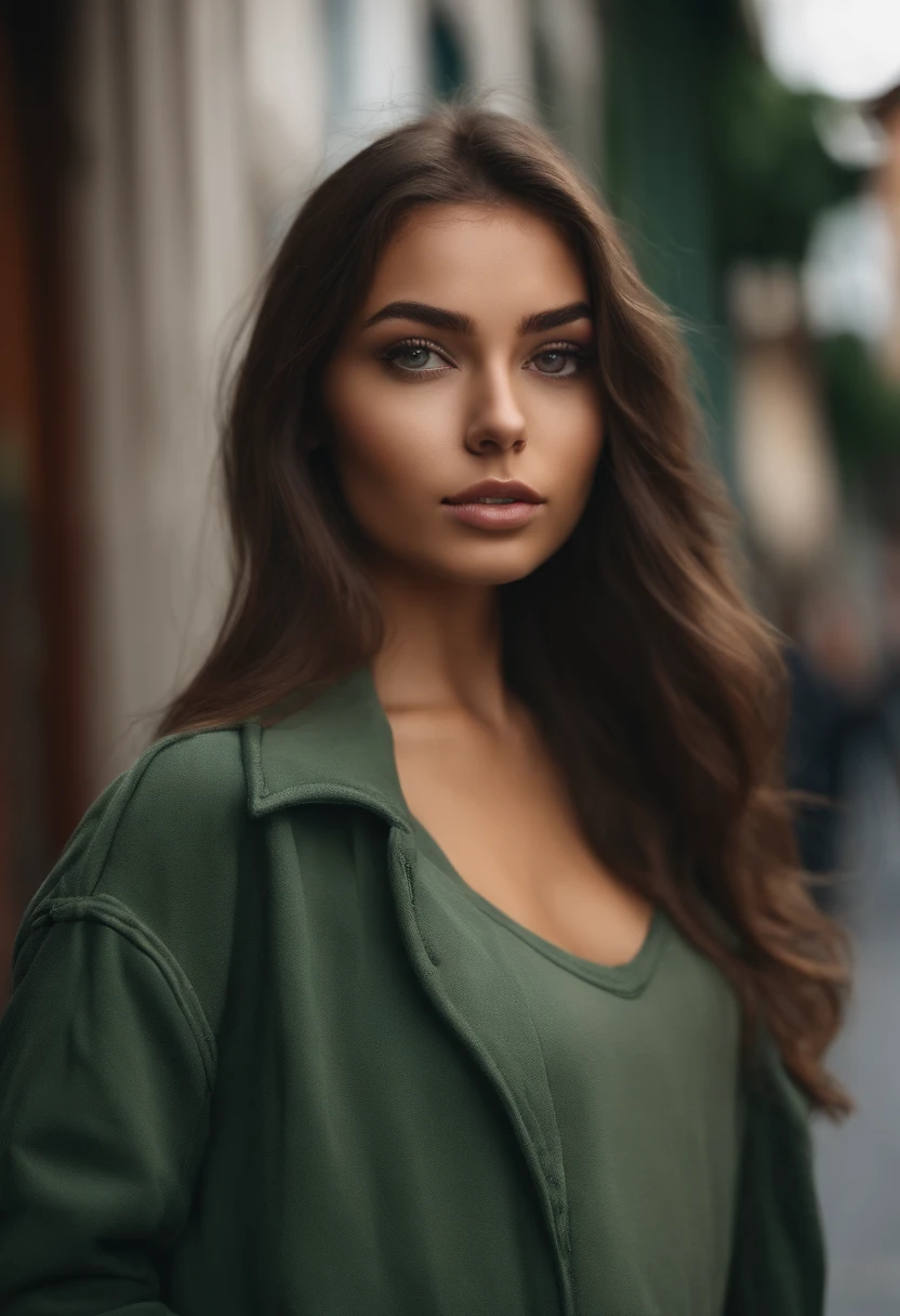 arafed woman in the streets of Bogota, sexy girl with green eyes, portrait sophie mudd, brown hair and large eyes, selfie of a young woman, bedroom eyes, violet myers, without makeup, natural makeup, looking directly at the camera, face with artgram, subtle makeup, stunning full body shot, piercing green eyes, beautiful angle, attractive pose, cute girl, sexy pose, full body picture, full body, full body shoot, brunette goddess, high detail, satisfied pose, jeans
