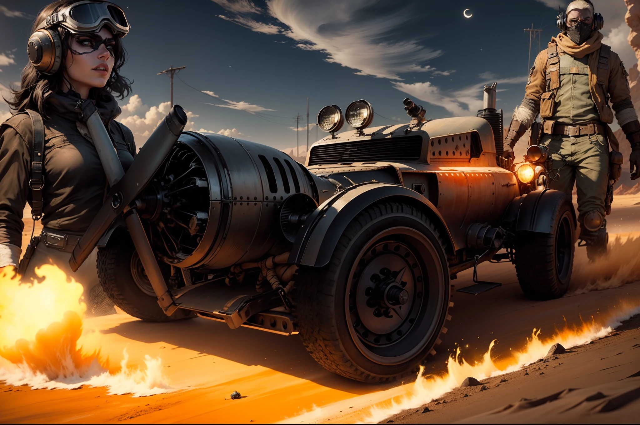Um carro preto e estragado no estilo de Mad Max todo poderoso com torpedos e turbina, behind a pilot in Mad Max-style clothes and on the other side a beautiful Mad Max-style warrior woman and in the background a city in the middle of the desert with Mad Max-style buildings and constructions, The whole scene is in orange yellow hues of the dry desert with the moon shining in a sky of stars