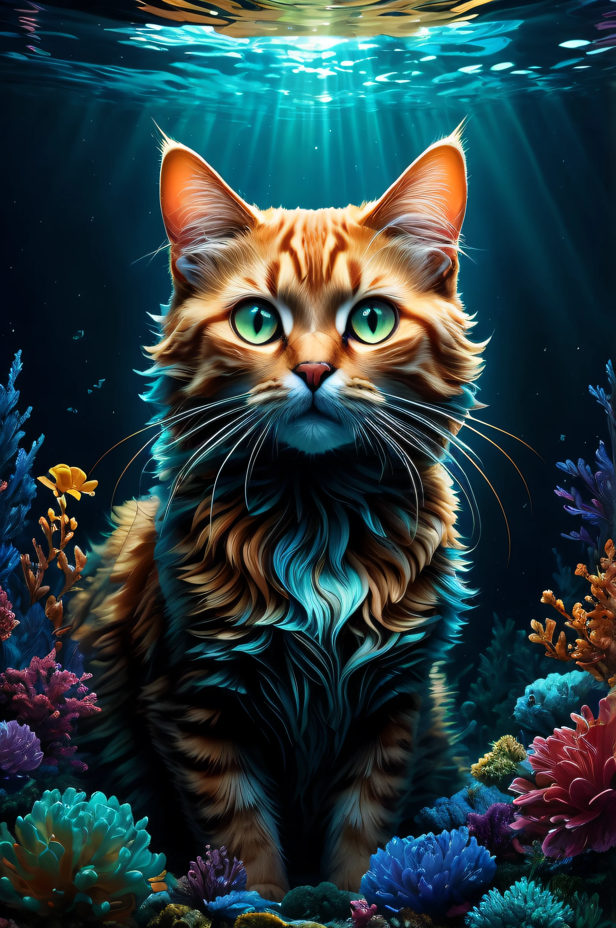 There is a cat that is sitting in the water, Arte digital altamente detalhada em 4k, Arte digital detalhada em 4k, pintura detalhada 4K, Arte bonita UHD 4K, Gato. pintura digital, arte digital detalhada bonito, Arte detalhada 4k, 8k arte detalhada de alta qualidade, bela arte digital, gato detalhado, Arte altamente detalhada em 4K