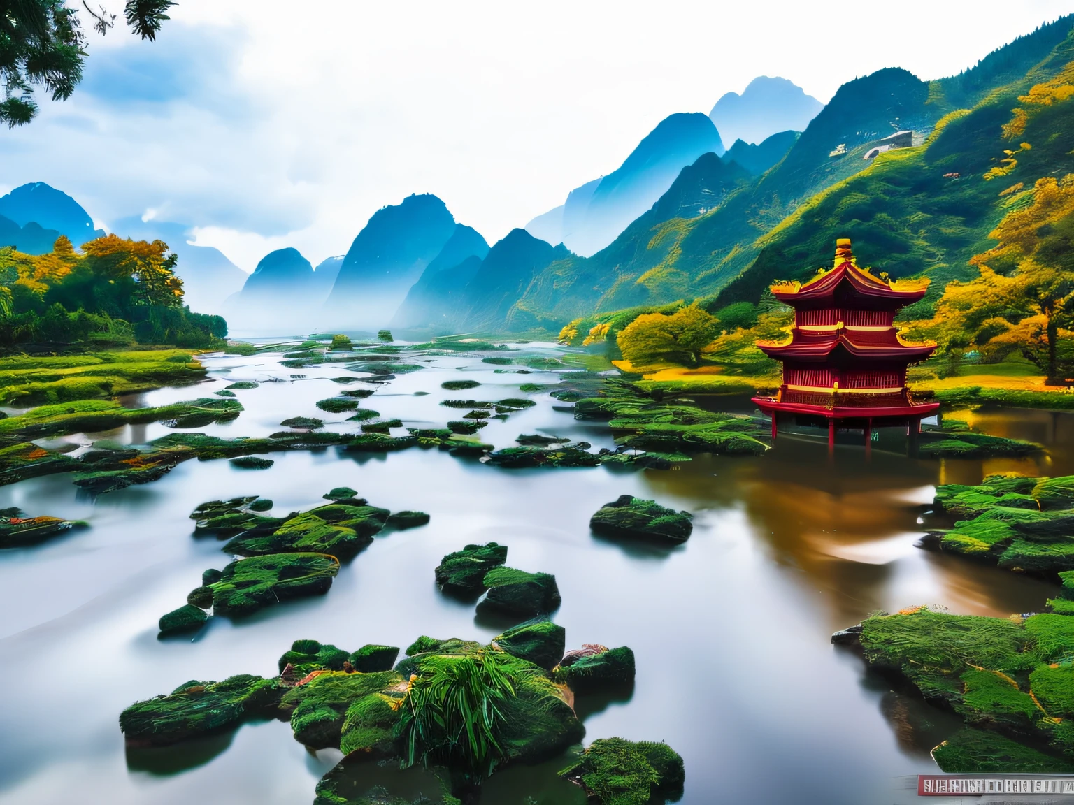 paper cut out,Chinese architecture,gardens,mountain water,Sea of Clouds,4K Ultra HD, 超高分辨率, (Photorealistic: 1.4), Best quality,Masterpiece