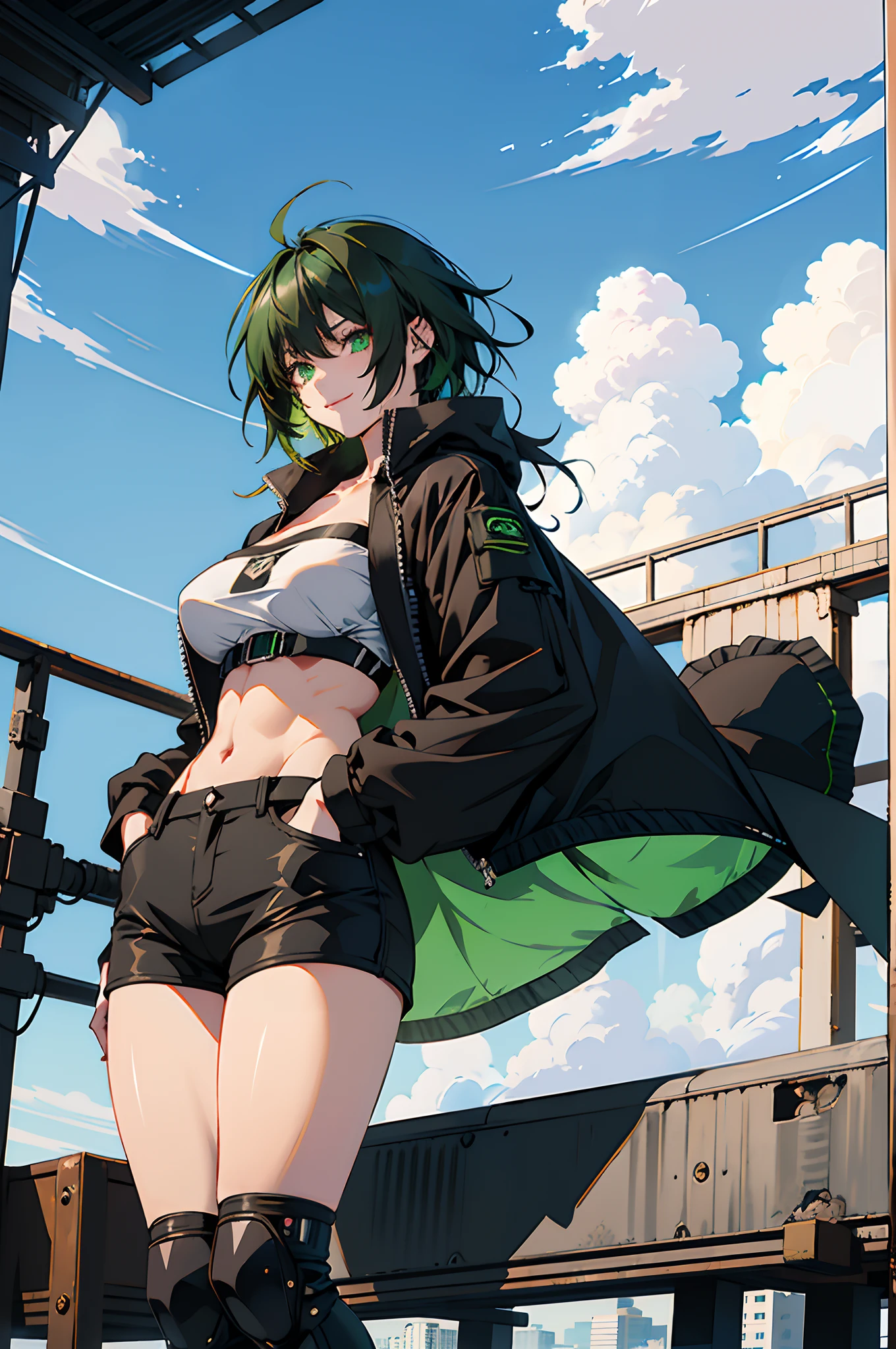 Pure sky,mechanical leg,Black mechanical legs,Plump legs,Green gem setting,Anime girl standing gracefully on the ground,Black cape and green hair, rogue anime girl, Anime girl standing, Wearing a cloak on the blasted plain, asuka suit under clothes!, Cyborg girl, badass posture, mechanic punk outfit, anime styled 3d, render of a cute 3d anime girl, gapmoe yandere grimdark, Female character,musculature,Abs,Glowing green eyes,Black hair with green gradient,short detailed hair,Bunched hair,Dull hair,(Muscle 2.0),Tomboyish,Be red in the face,looking at viewert,Elaborate Eyes,Black mechanical legs,huge tit,1.5,Put your hands in your pockets,ssmile,blacksilk,Straight big breasts,strappy,Black openwork hot pants,White bandeau,Toothless smile,Lower breast,Mechanical wind,There are no cities,Side breasts,cel shadow,Leg pack