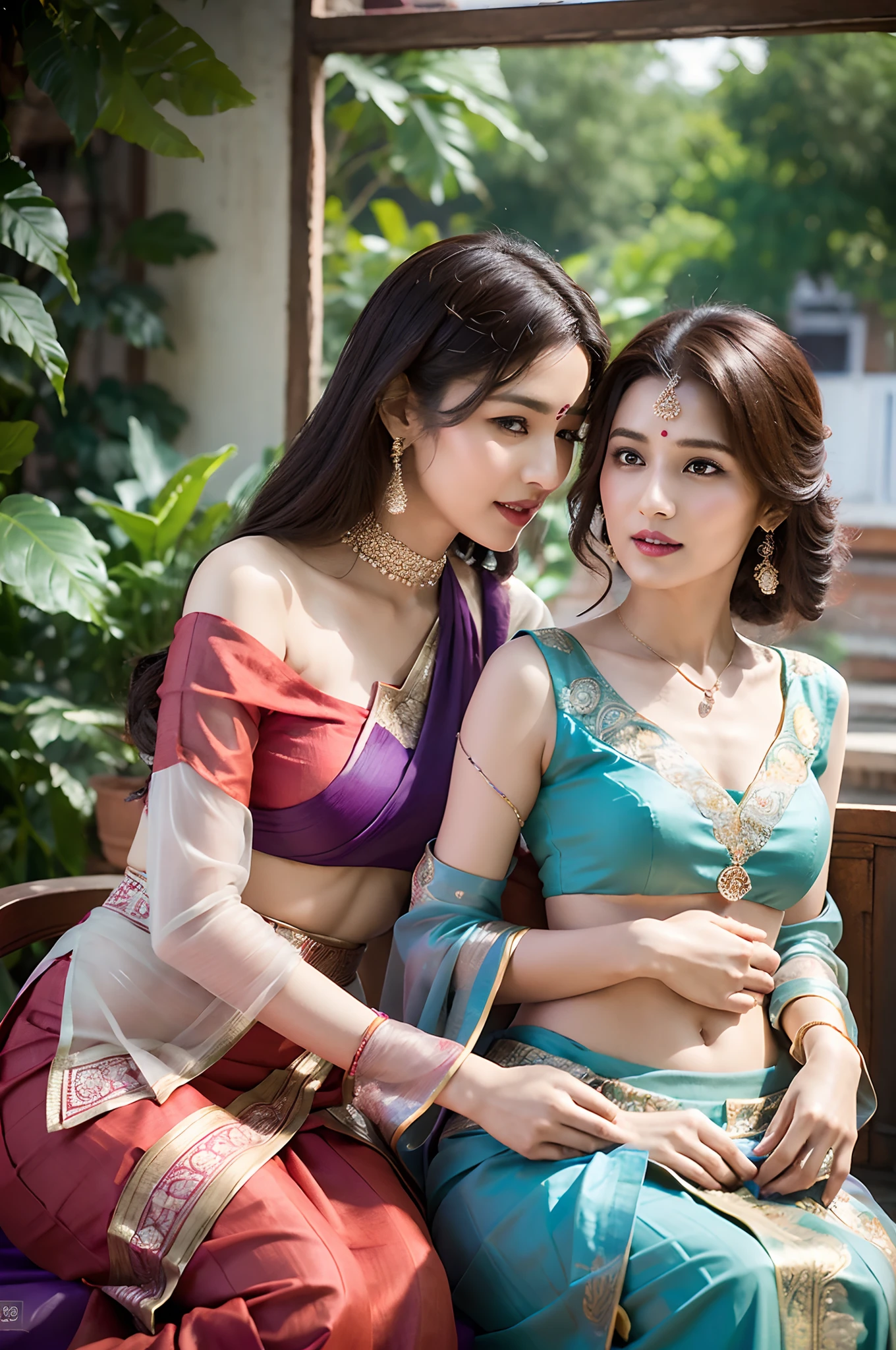 Woman in red Lehenga, Sitting on the lap of a woman in purple sari,(Urzang-6500-V1 version.3,PureFace_V1,rendering by octane),Elegant Pose,xxmix girl Vomebriyes art style),
