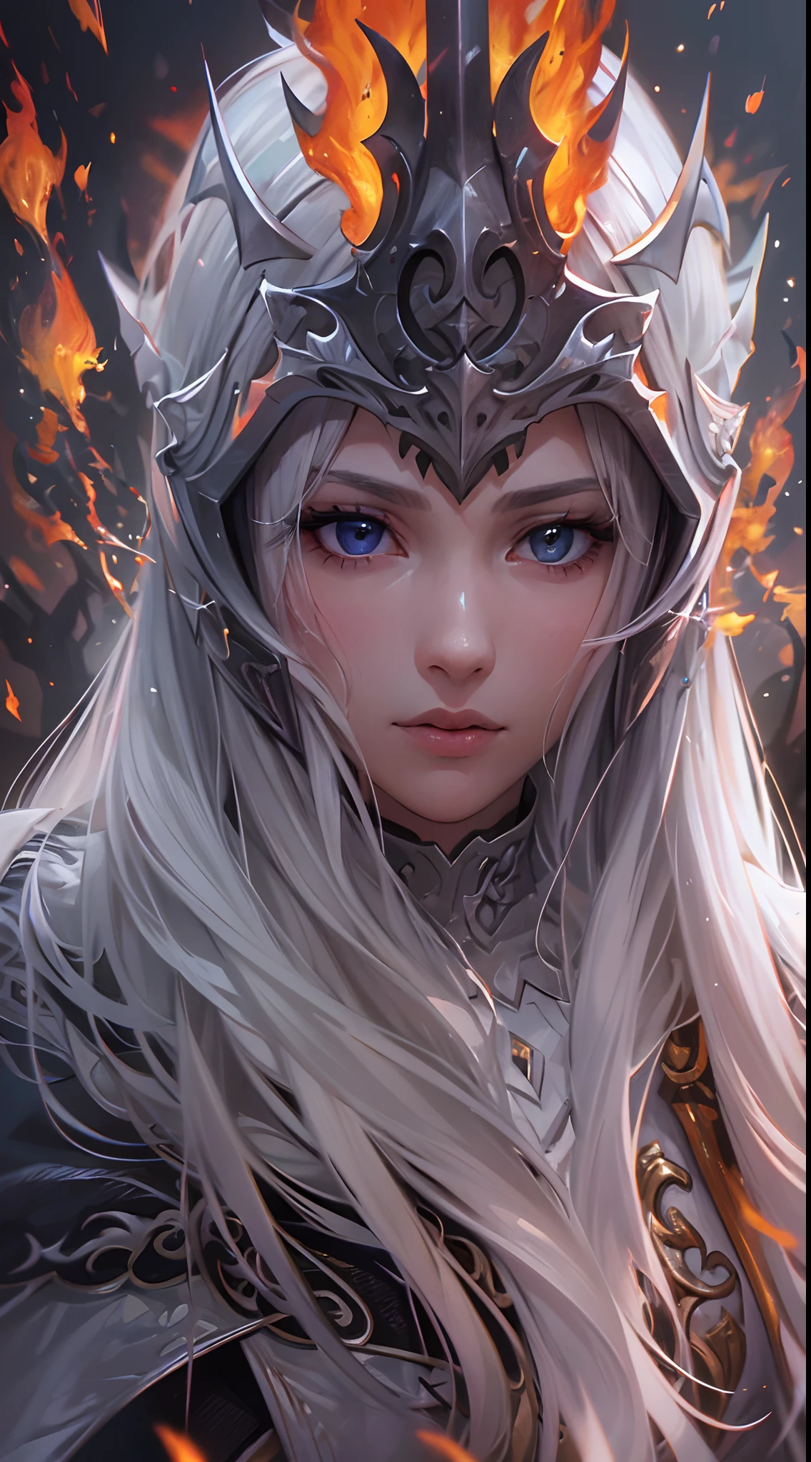 ((super fine illustration, 8k, Masterpiece :1.2, Sharp focus :1.2, depth of field:1.2)), Beautiful swordswoman, absurdity, Highly detailed face and skin texture, silver hair, jet-black armor, flame armor, cloak wrapped in flames, sword wrapped in flames, flame wings, determination to overcome sorrow, A sign of determination in your gentle eyes , strong soul