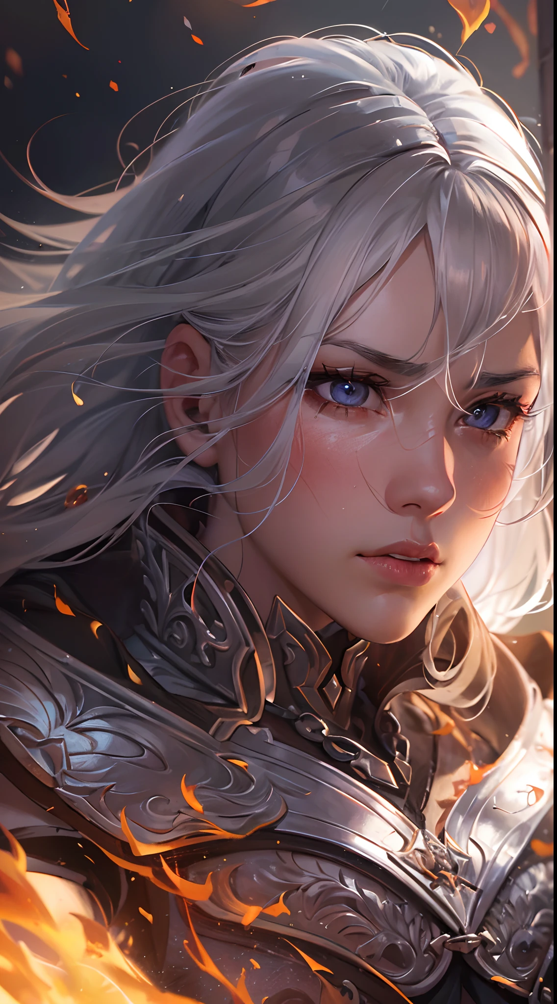 ((super fine illustration, 8k, Masterpiece :1.2, Sharp focus :1.2, depth of field:1.2)), Beautiful swordswoman, absurdity, Highly detailed face and skin texture, silver hair, jet-black armor, flame armor, cloak wrapped in flames, sword wrapped in flames, flame wings, determination to overcome sorrow, A sign of determination in your gentle eyes , strong soul