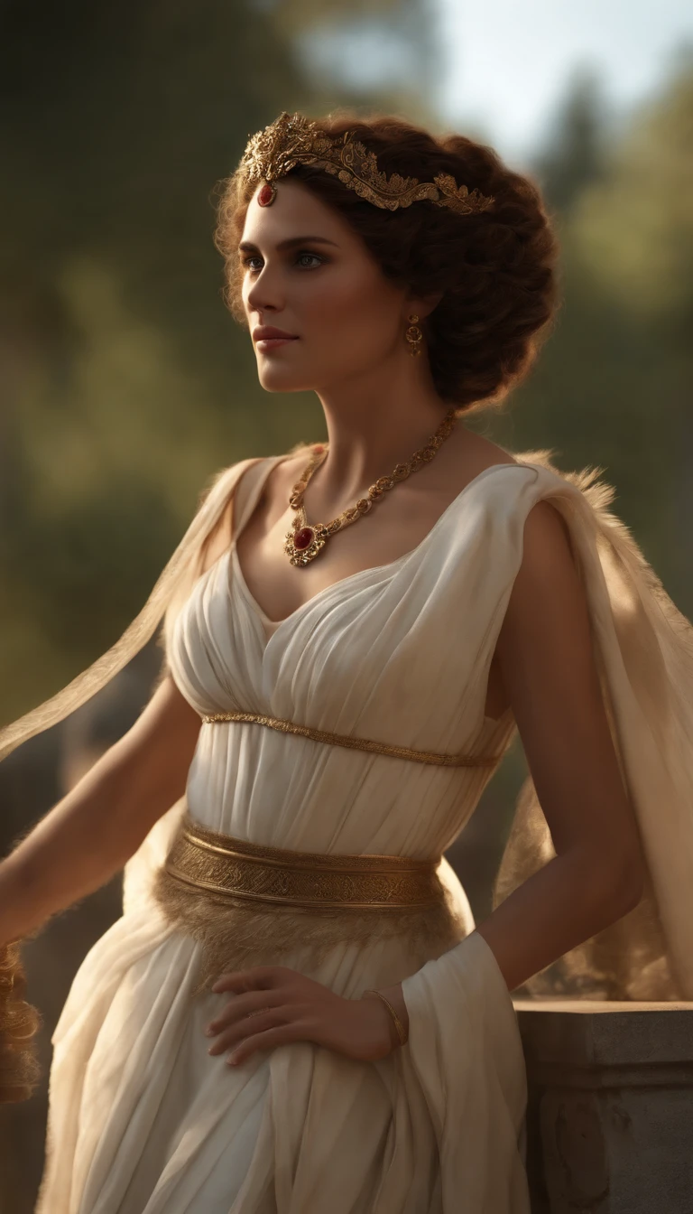 Numerous award-winning masterpieces, with incredible details, Maximum textures and details), (hyper realistic:1.4), (Realstic:1.3), (Haut du corps vers le haut:0.4), (best quality real texture skin), ((Monde de la mythologie grecque)), finely detailed eyes, finely detailed face, visage en face, yeux doux, (Elle a un sourire charismatique sur son visage:1.4), Friendly and feminine face, Roman Empress, avec une coiffure Romaine en an 65. brown and curly hair, en chignon. Long dress outfit draped in white.with a lot of charisma and exceptional beauty 1) Creating vibrant energy, Coucher de soleil tardif projetant une lueur chaude, a festive atmosphere embracing the Roman era, Meticulous attention to detail capturing the essence of elegance.Visage en face.