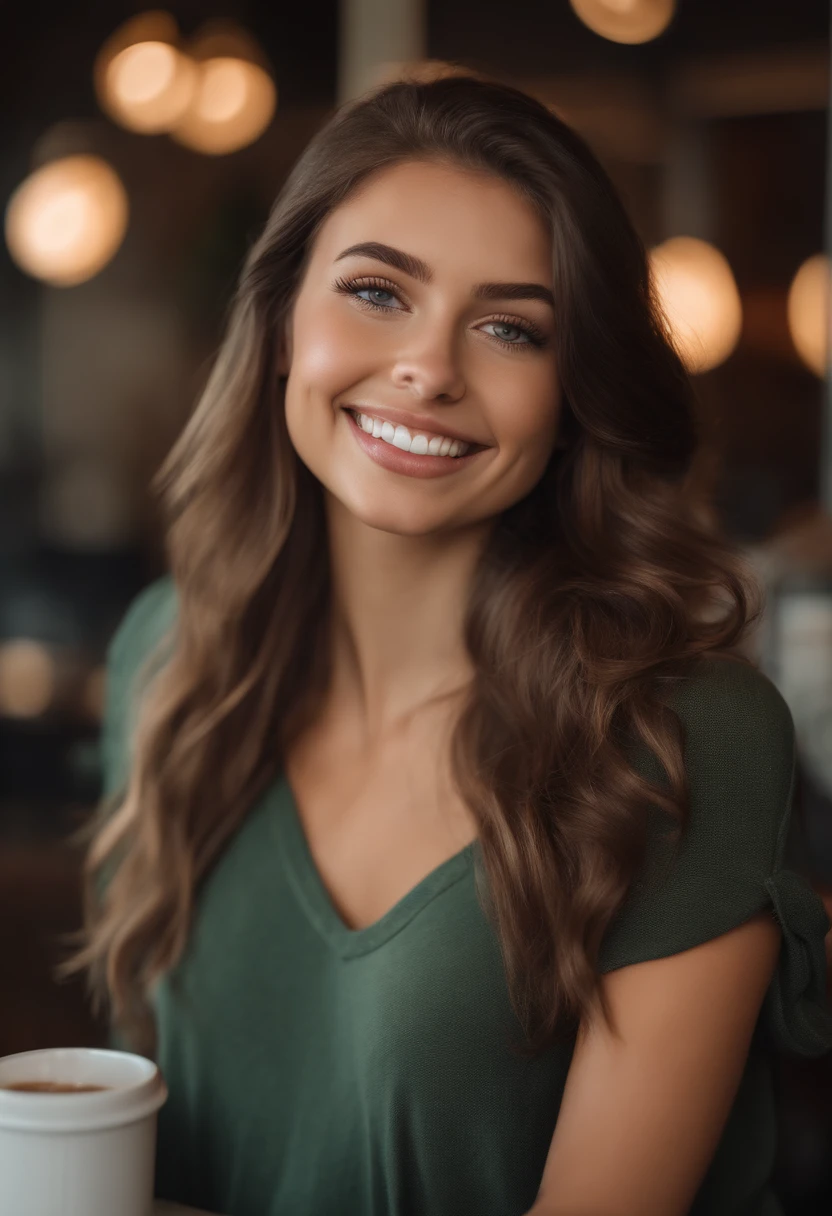 arafed woman smiling in coffee shop, sexy girl with green eyes, portrait sophie mudd, brown hair and large eyes, selfie of a young woman, bedroom eyes, violet myers, without makeup, natural makeup, looking directly at the camera, face with artgram, subtle makeup, stunning full body shot, piercing green eyes, beautiful angle, attractive pose, cute girl, sexy pose, full body picture, full body, full body shoot, brunette goddess, high detail, satisfied pose, street wear