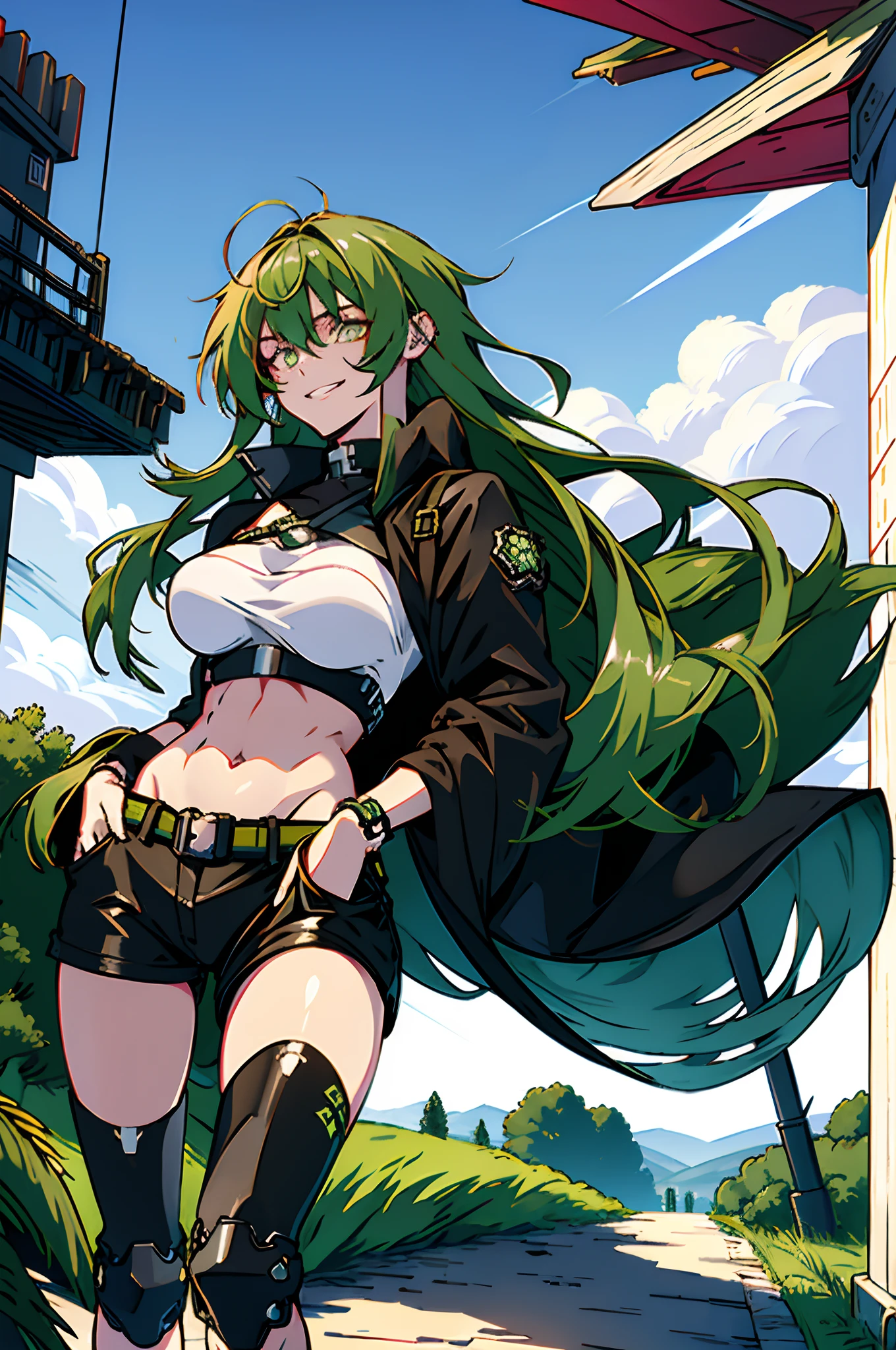 Pure sky,mechanical leg,Black mechanical legs,Plump legs,Green gem setting,Anime girl standing gracefully on the ground,Black cape and green hair, rogue anime girl, Anime girl standing, Wearing a cloak on the blasted plain, asuka suit under clothes!, Cyborg girl, badass posture, mechanic punk outfit, anime styled 3d, render of a cute 3d anime girl, gapmoe yandere grimdark, Female character,musculature,Abs,Glowing green eyes,Black hair with green gradient,short detailed hair,Bunched hair,Dull hair,(Muscle 2.0),Tomboyish,Be red in the face,looking at viewert,Elaborate Eyes,Black mechanical legs,huge tit,1.5,Put your hands in your pockets,ssmile,blacksilk,Straight big breasts,strappy,Black openwork hot pants,White bandeau,Toothless smile,Lower breast,Mechanical wind,There are no cities,Side breasts,Excitation