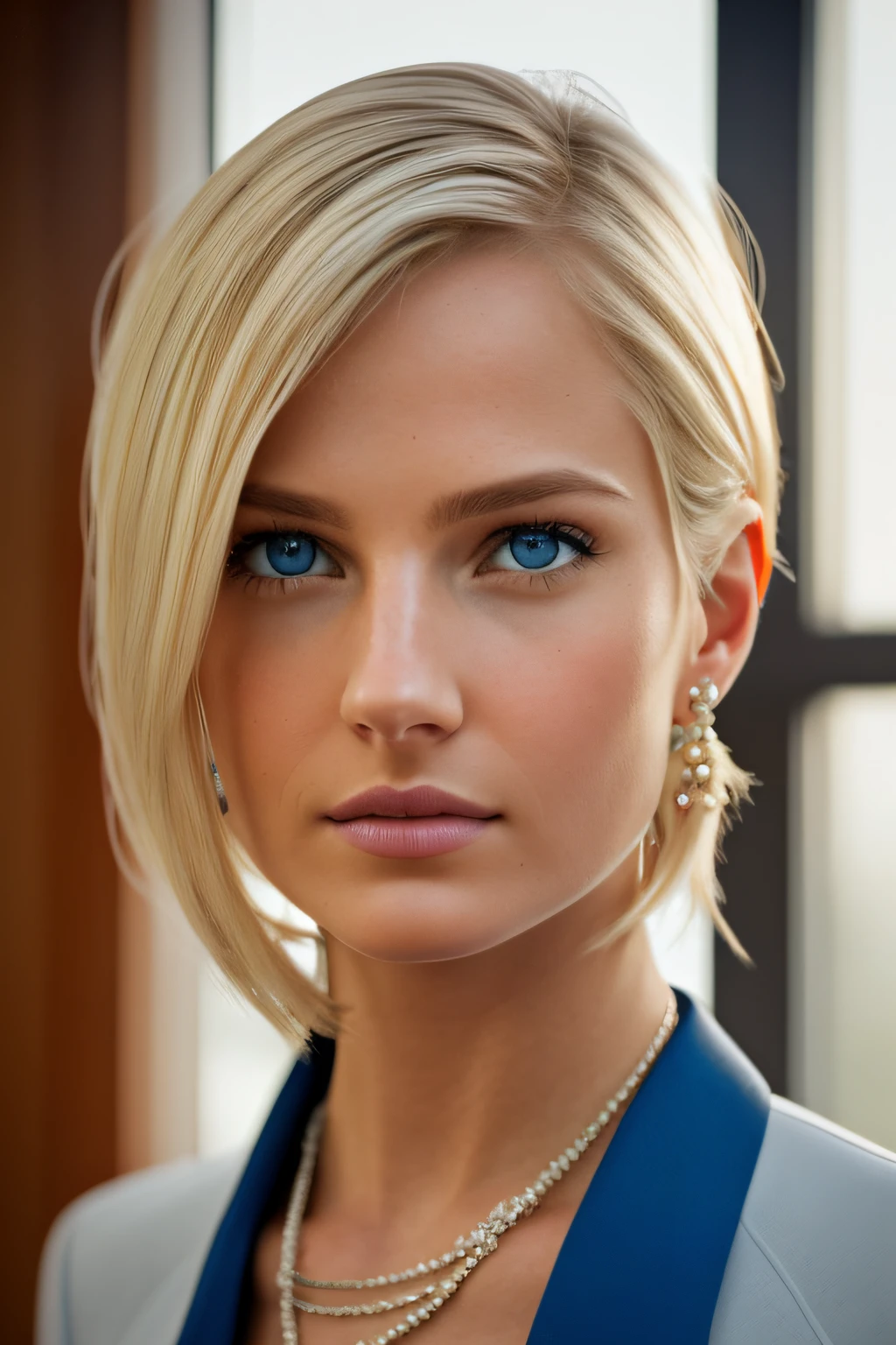 Slender, young, short blonde hair, girl, blue eyes, in office with desk, wearing business clothes, looking to the side, natural skin texture, 48mm, 4K textures, soft cinematic light, RAW photography, photorealistic, photorealistic, hyperrealistic, complex, elegant, highly detailed, sharp focus, calm Tone, Insane Detail, Complex Detail, Ultra Detail, High Contrast, Soft Cinematic Light, Dim Colors, Exposure Blending, HDR, Faded, Cold, Waist Thin, Well-Proportioned, (8k, 4k, Top Quality, Hi-Res: 1.1), (Realistic, Photorealistic: 1.1), Twin Tails, Blonde Hair, Bangs, Long Hair, Necklace, Earrings, Lips, Eye Shadow, Jewelry, (Viewer Looking For: 1.1), Spaghetti Straps, Detail, High Contrast, from_side, srfc, stunning complex full color portrait, spectacular character composition, sharp focus, natural light, sub-surface scatter, f2, 35mm, film grain