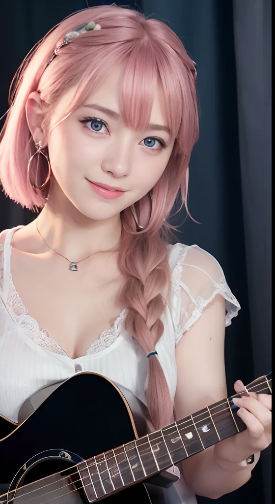 (ultra-detailliert), high-school uniform、Blue eyes,The upper part of the body、a closeup、faces、(A smile:1.5),(facing front:1.2),(masutepiece:1.3, Best Quality, Photorealistic, Ultra-detailed, Finely detailed, High resolution, 8K Wallpaper), 1 beautiful girl, Band Group Vocals,  Singing a song on an electric guitar, Stand Microphone, Mouth open, Beautiful face, Detailed face, Beautiful eyes, Detailed eyes, Looks fun、Smiling, earrings, Necklace, Detailed guitar, (Straight guitar neck and 6 strings), Only 1 person,Pink Hair Medium Hair, (Pink hair), Ear Hair, small tits, Single braid, (Single braid), (Side braid),on a stage, Spotlight, Look at the viewer、small tits